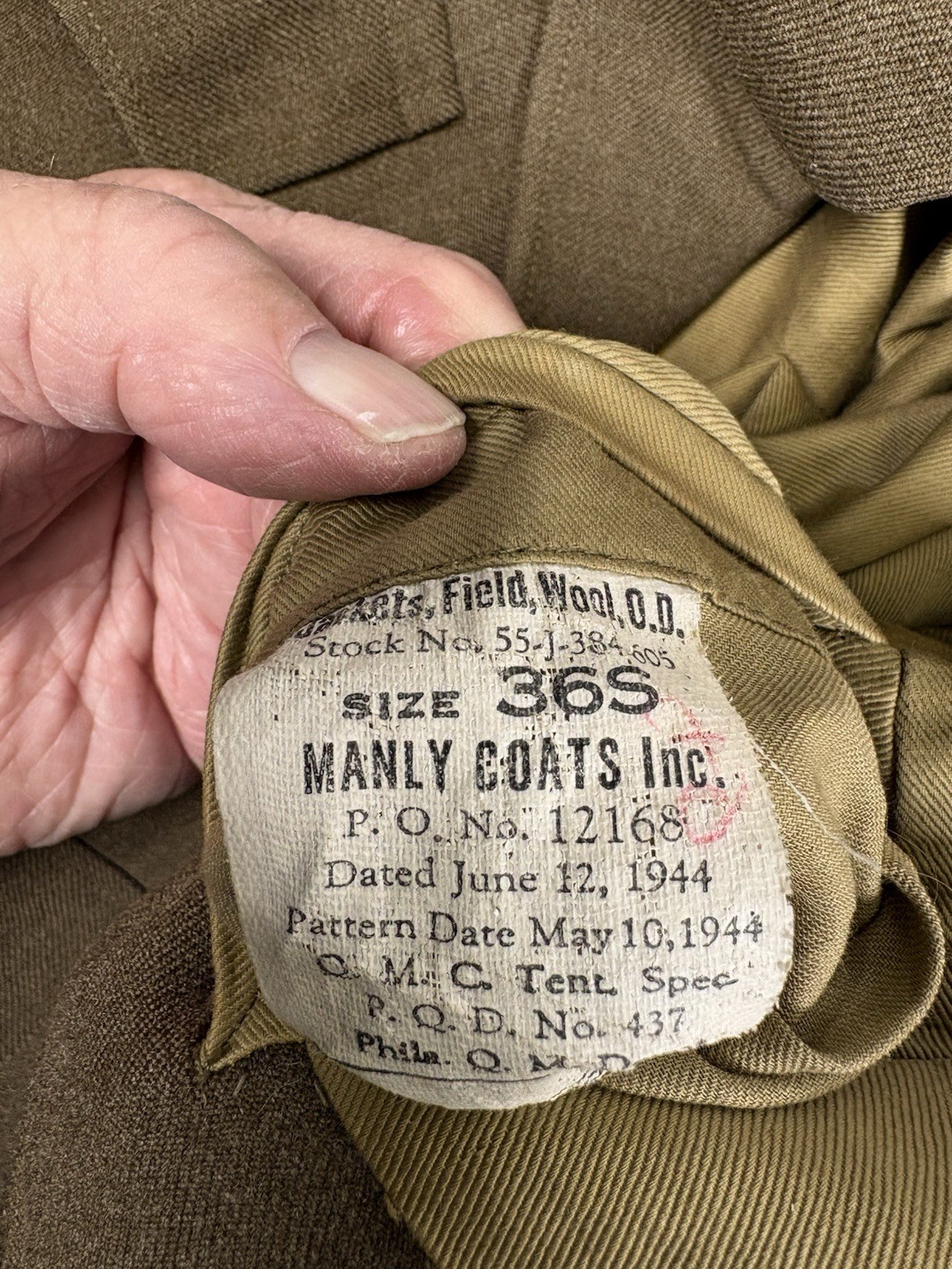 Named WWII 1944 Dated US Army Wool Ike Jacket 36S Original Manly Coats