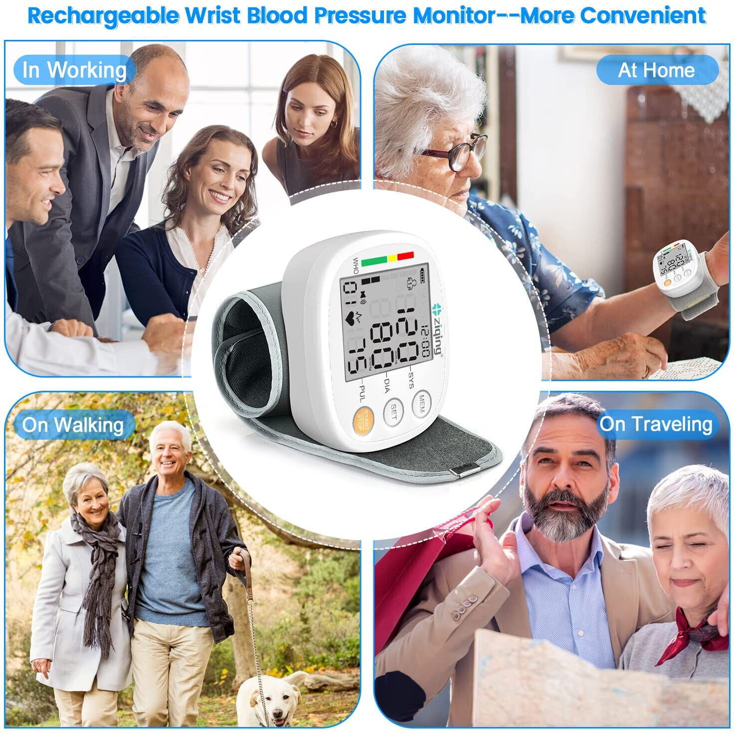 Wrist Blood Pressure Monitor Adjustable BP Cuff Heart Rate Machine Large Screen