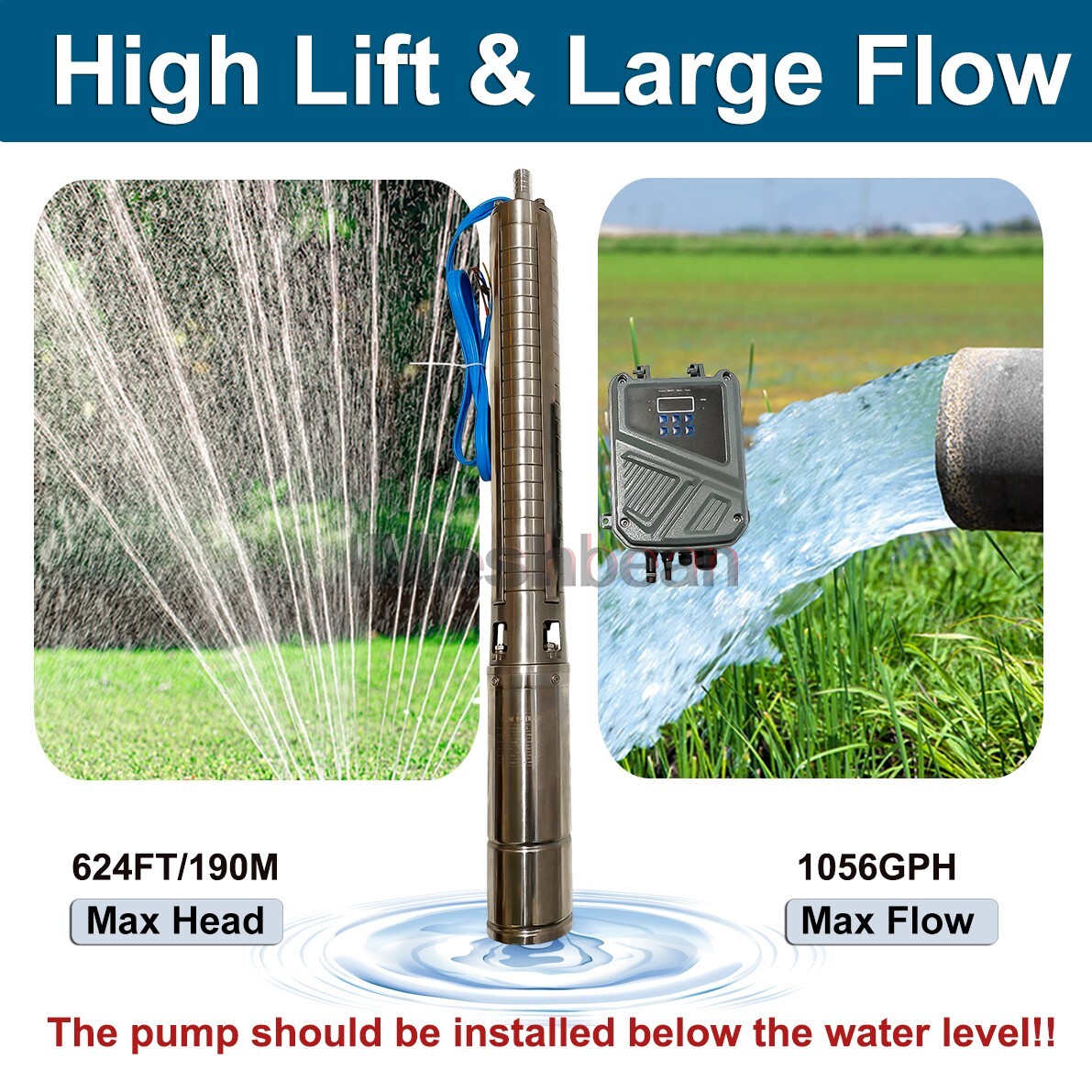 2HP 4in Solar Pump Submersible Pump Bore Deep Well Pump+MPPT Controller DC 110V