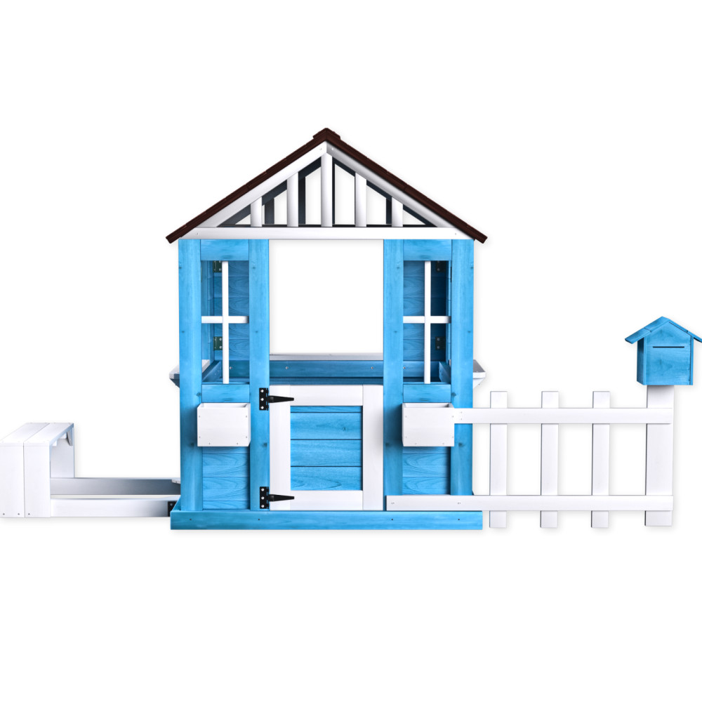 Outdoor Playhouse, Wooden Kids Play House w/Picnic Bench, Half Door, Windows