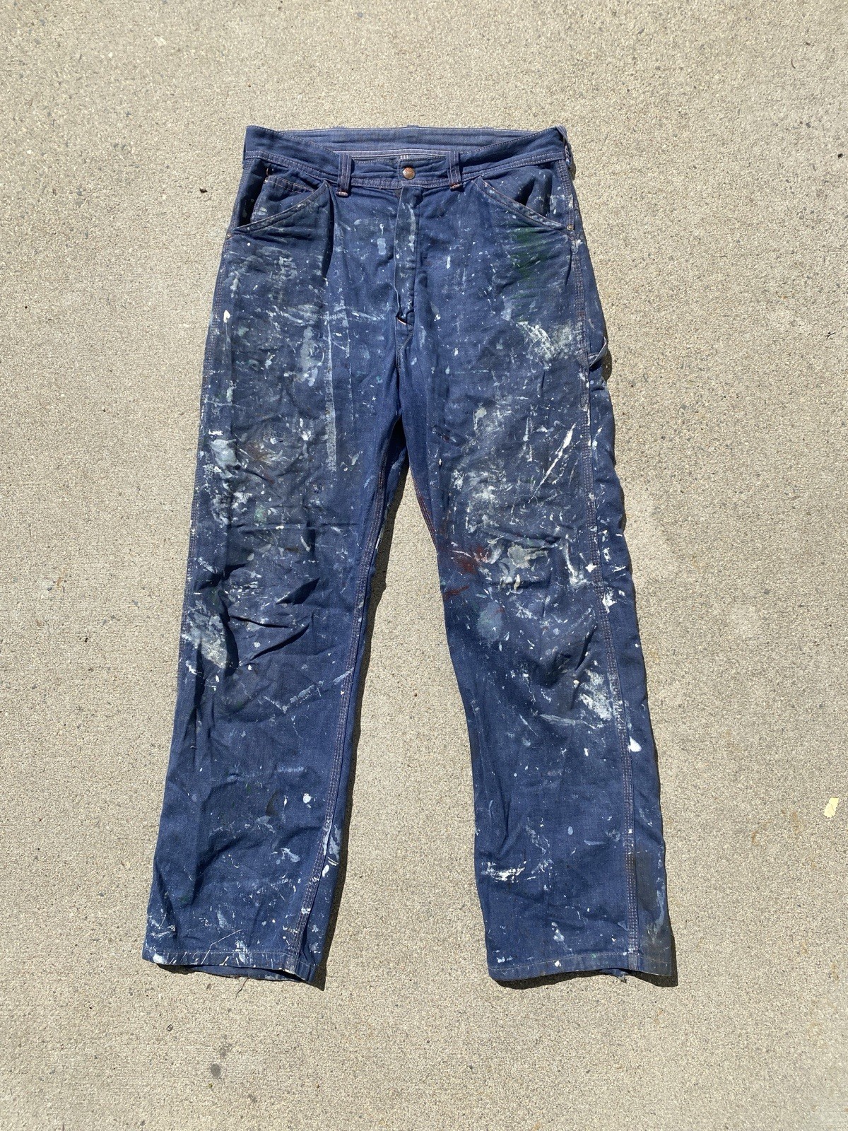 Vintage 60s Paint Splatter Carpenter Pants BLue Thrashed Repaired 32x30 Workwear