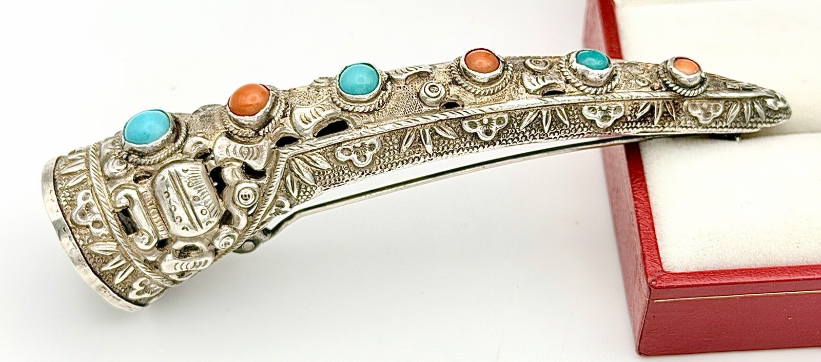 Antique Silver Chinese Finger Nail Guard / Protector Pin Rare Coral & Turquoise