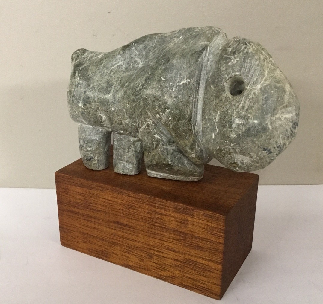 Carved Soapstone Abstract Animal Carving Musk Ox 6x5x2” Mounted On Wood