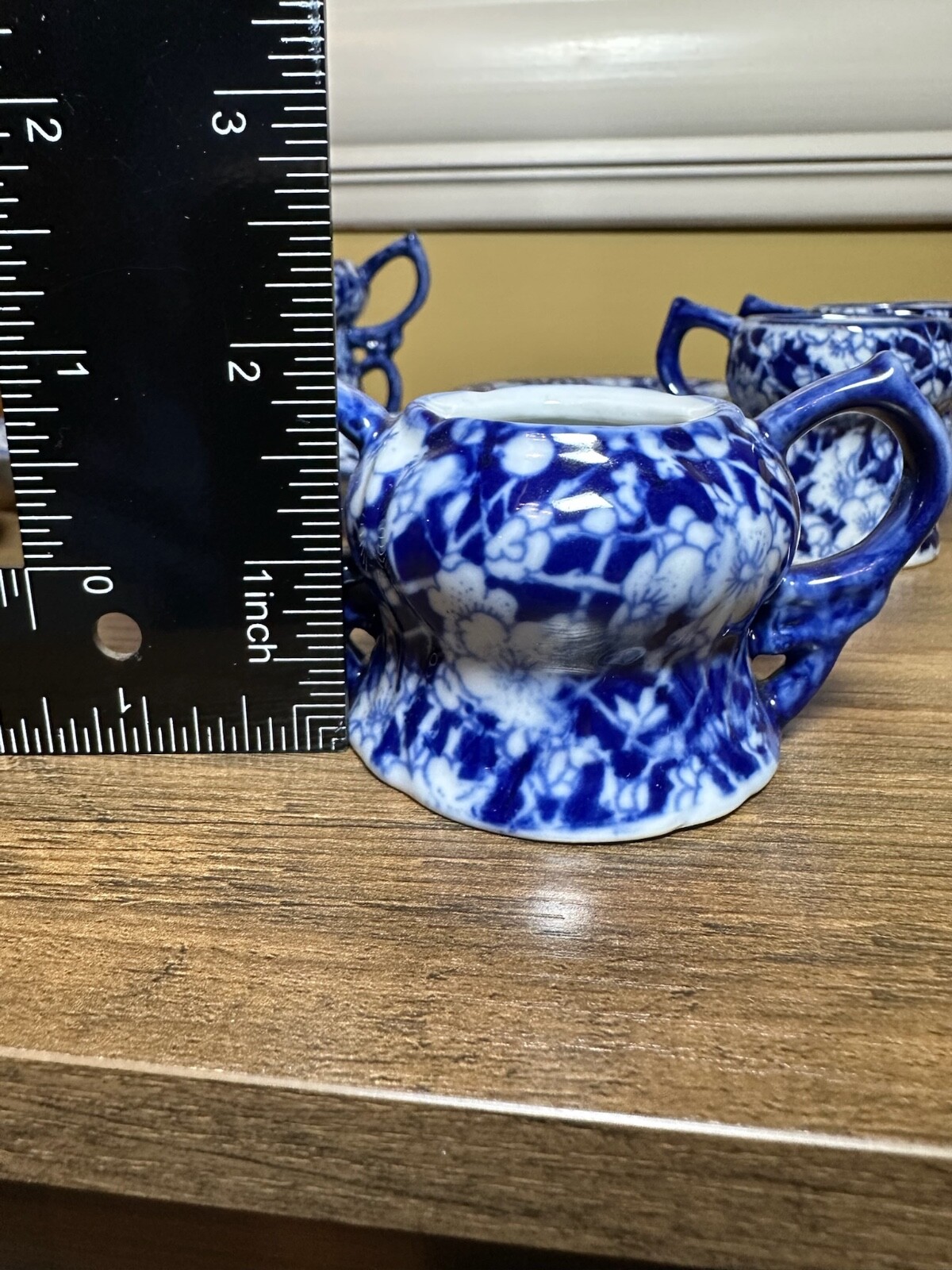 Victoria Ware Stoneware Small Tea Cups Saucers Sugar Creamer Cobalt Flue Floral