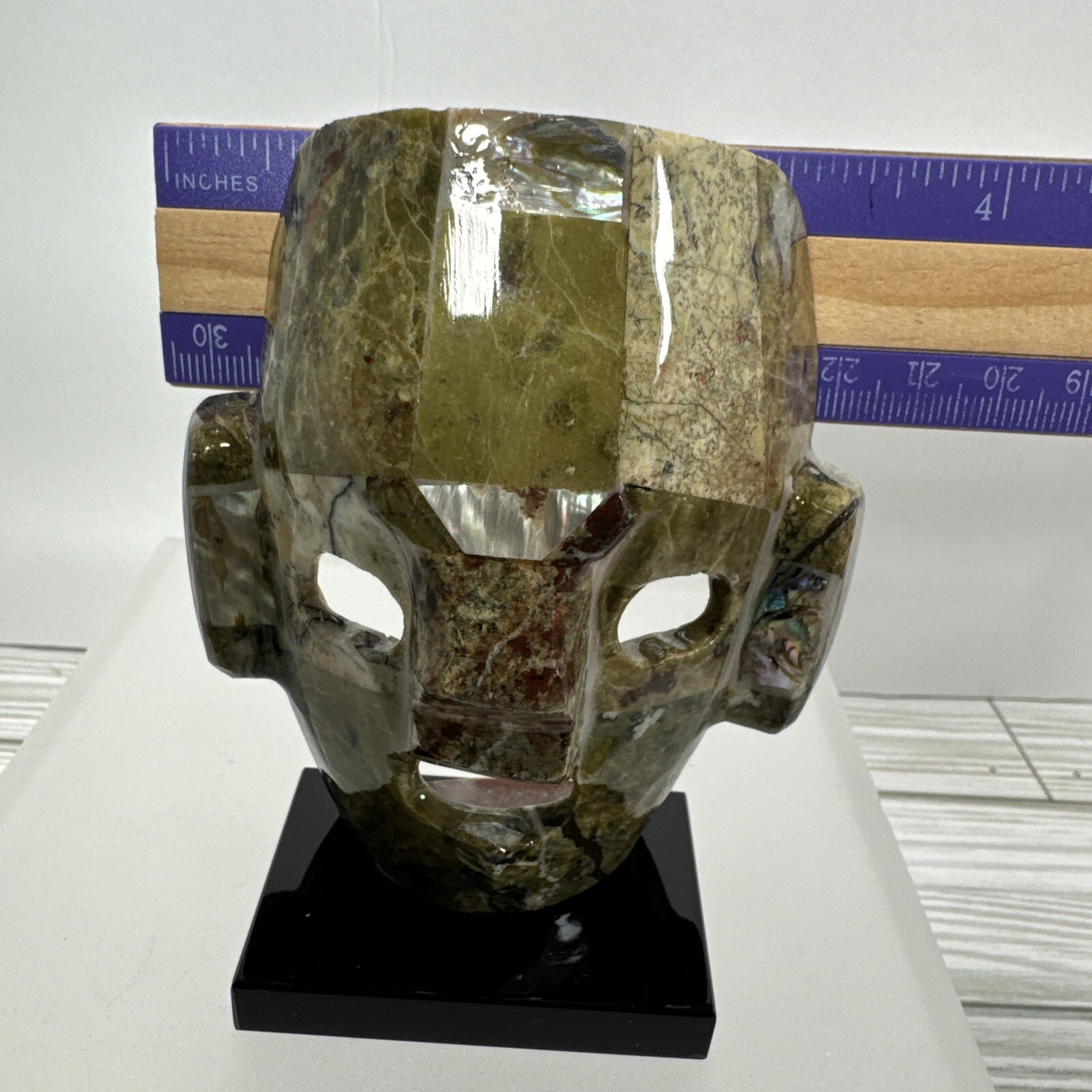 Mexican Mayan Tribal Burial Face Mask Green Stones Mixed Abalone Shell Onyx Base
