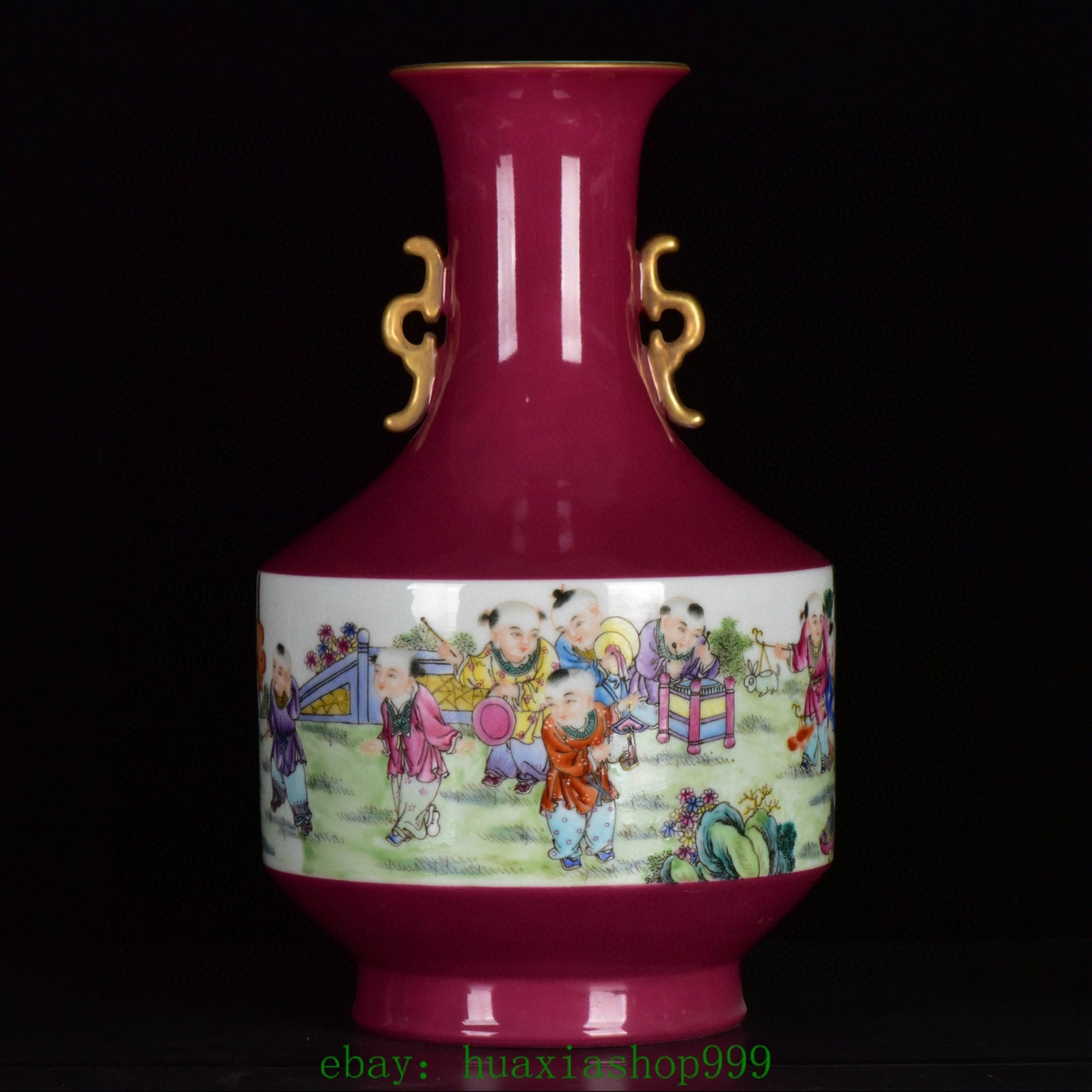 15.7"Purple Glaze Famille Rose Porcelain Gilt Tongzi Kid Boy 2 Ear Bottle Vase