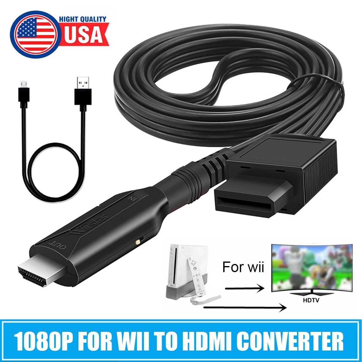 Wii to HDMI Adapter Converter Cable Full HD 1080P Plug &Play for Television PC