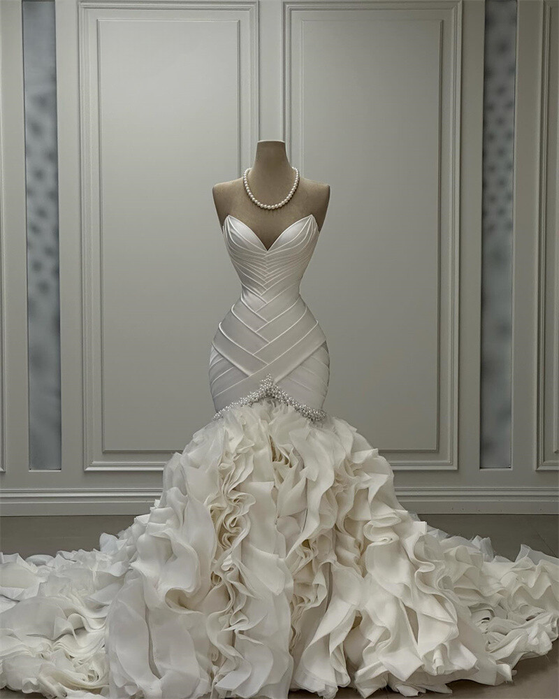 Exquisite Mermaid Pearl Princess Wedding Dresses Zip Ruffles Tiered Bridal Gowns
