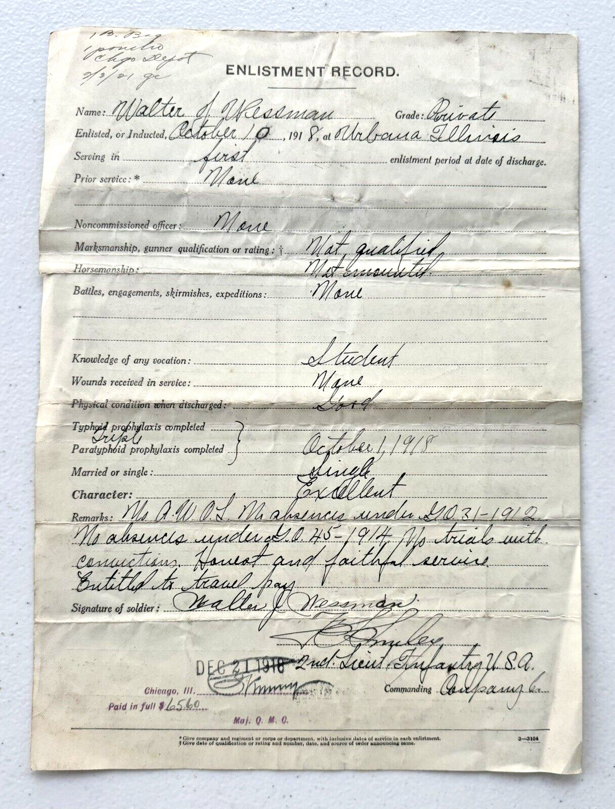 1918 WWI HONORBLE DISCHARGE PAPERS FROM THE UNITED STATES ARMY PRIVATE WESSMAN