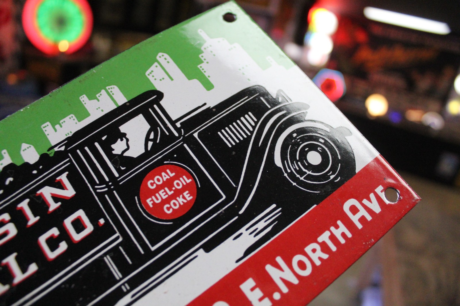 RARE WISCONSIN ICE AND COAL DEALER PORCELAIN METAL SIGN TRUCK GAS OIL MILWAUKEE