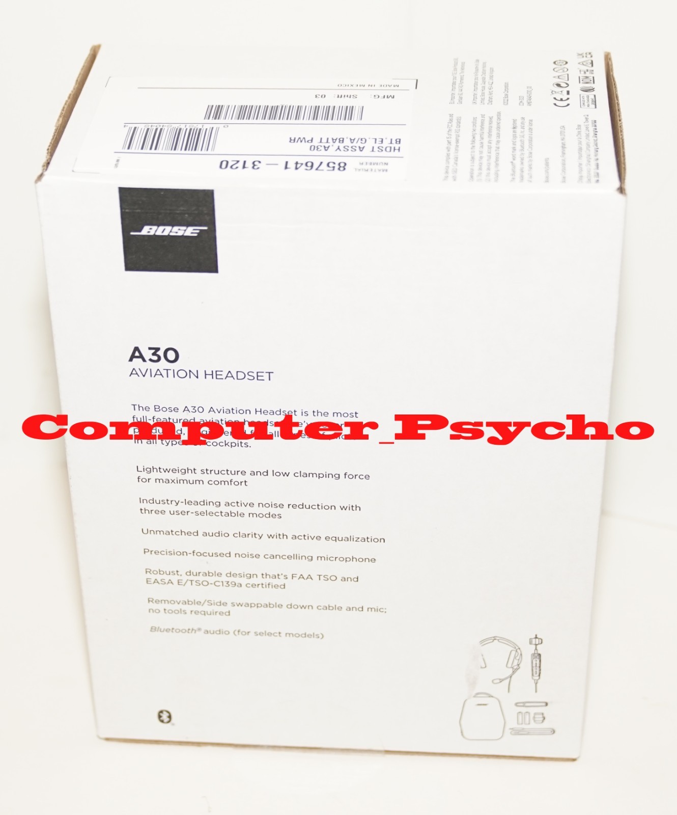 BOSE A30 857641-3120 AVIATION HEADSET BLUETOOTH BATTERY DUAL PLUG STRAIGHT CABLE