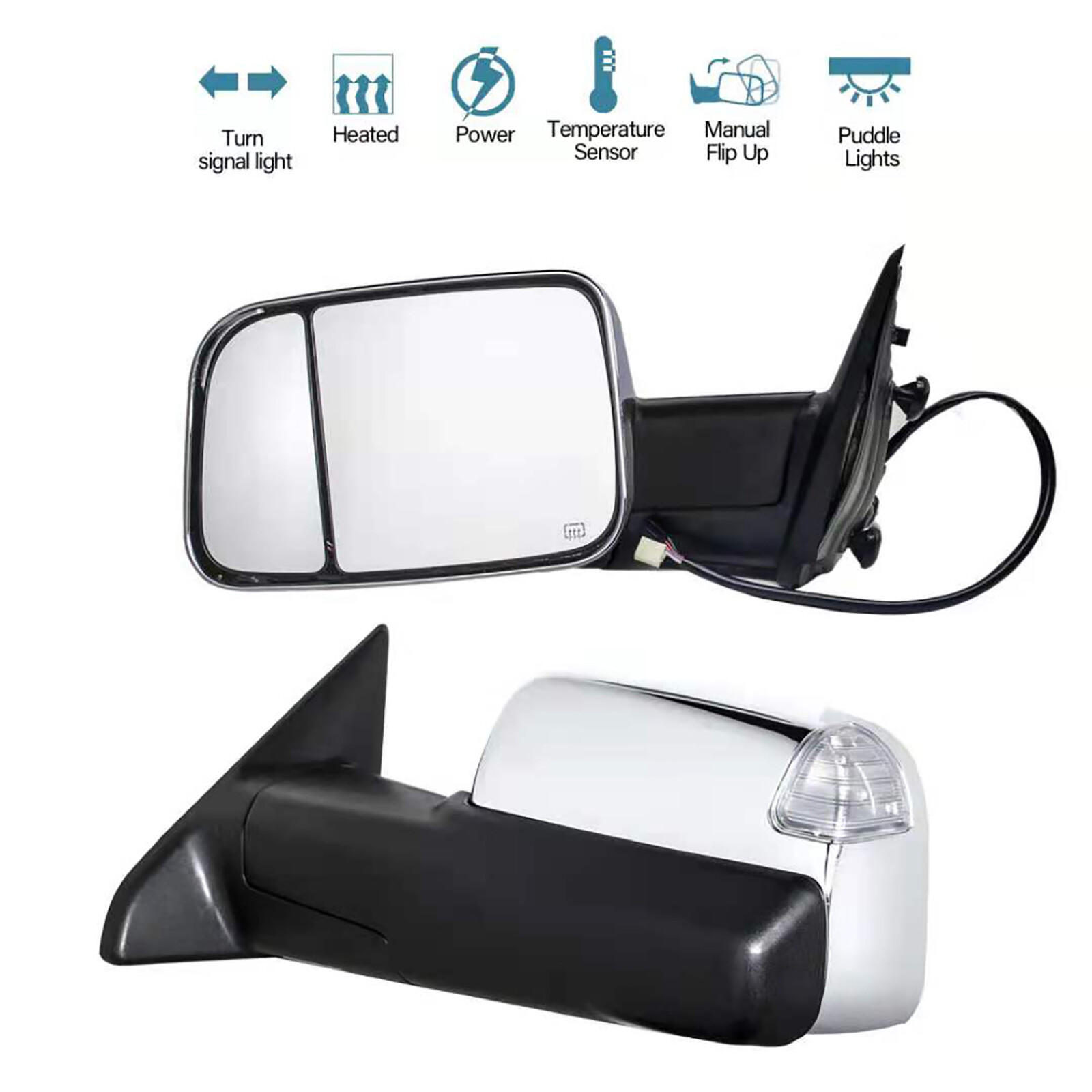 Towing Mirrors Fit 2011 2012 2013 2014 Ram 1500 2500 Power Heated Sensor Chrome