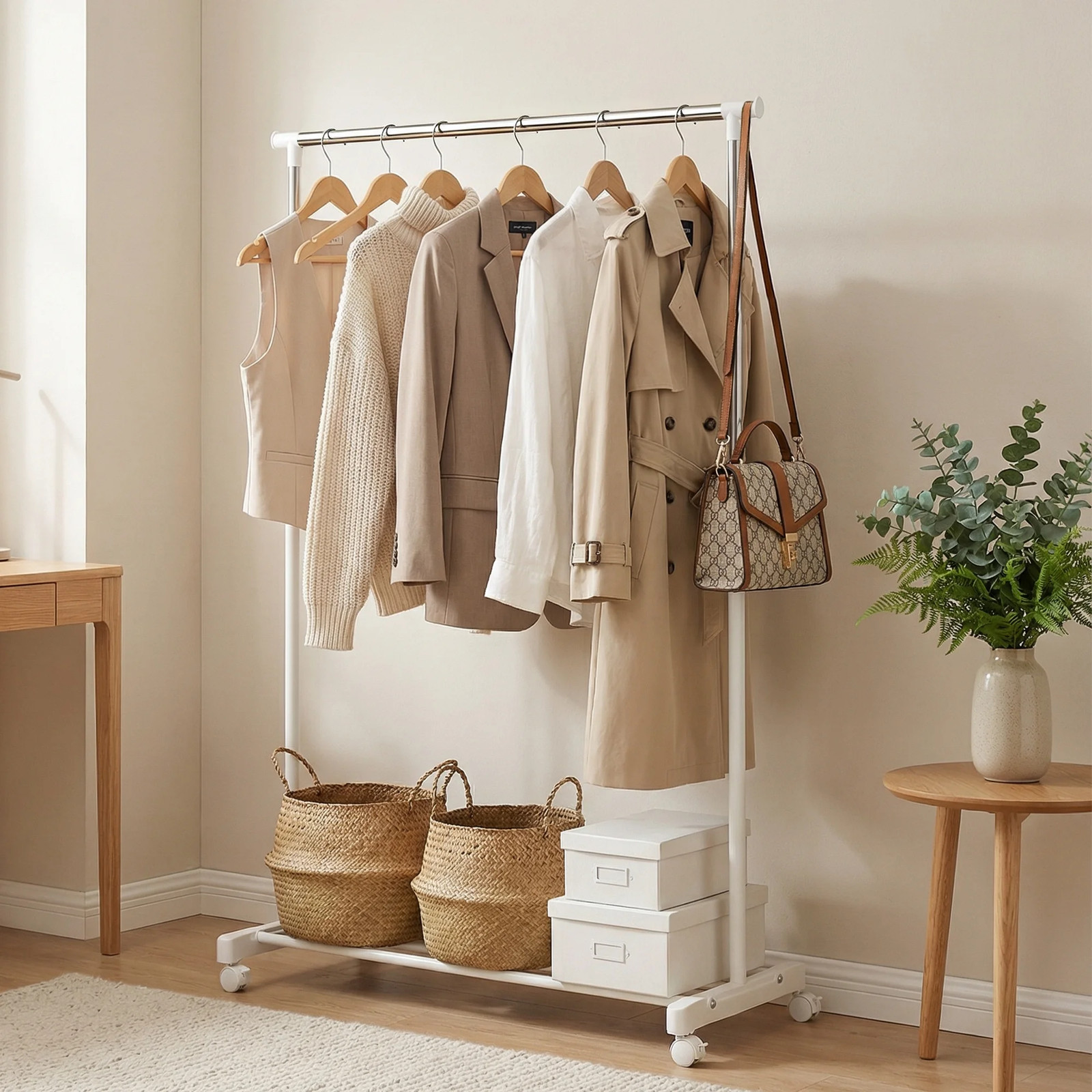 Clothing Rack with Wheels, Adjustable Height Rolling Garment Rack, Rolling Cloth