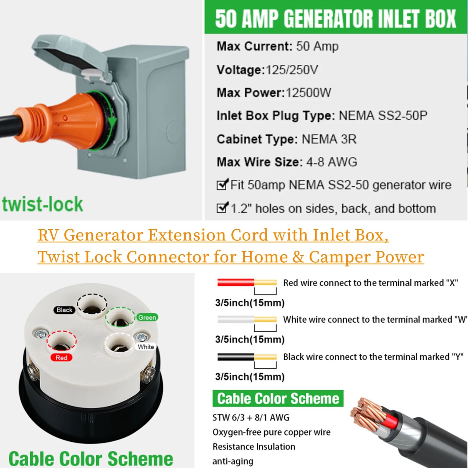 50 Amp Extension Cord 25FT 125/250V STW Gauge NEMA 14-50P to SS2-50R