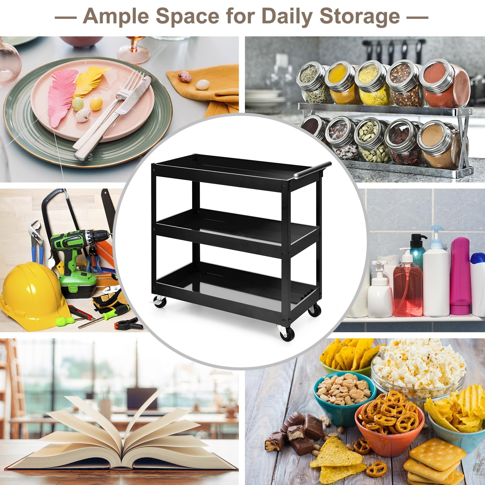 Heavy Duty 3 Tier Metal Rolling Cart 330LBS Capacity with Brake Wheels Black