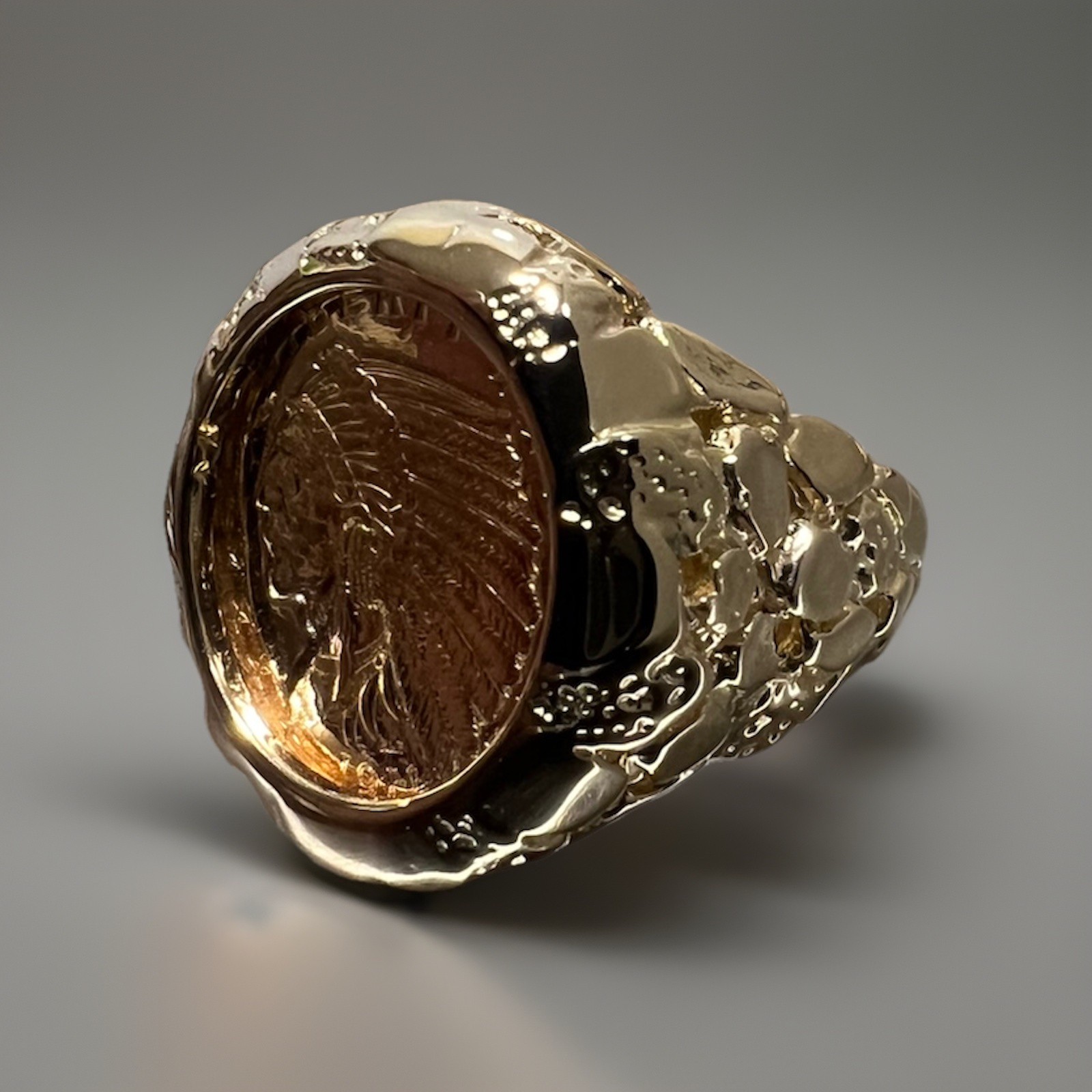 14k Yellow Gold Nugget Ring & 21.6 K Indian Head Coin Approximately 16-17 Grams!