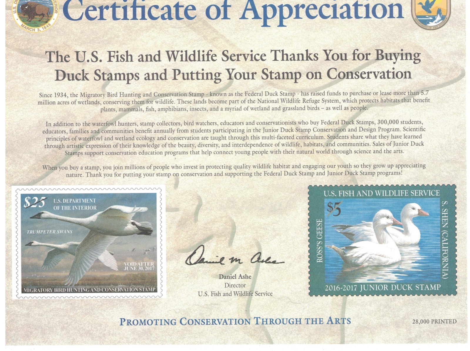 RW83 & JDS24 - Federal & Junior Duck Stamp.Appreciation Card. #02 RW83JDS24APP