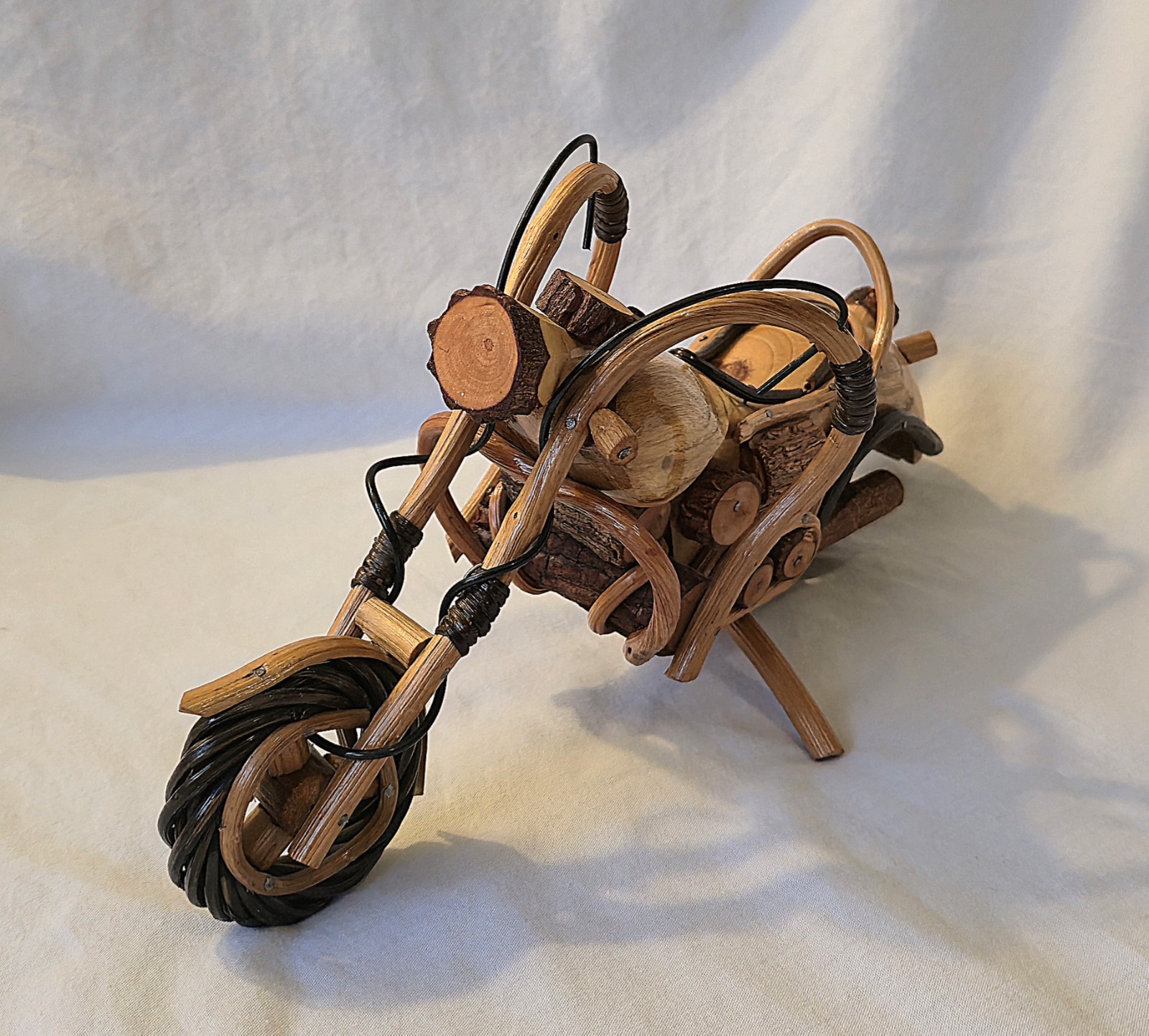 Handmade Twig Folk Art Chopper Motorcycle Sculpture Wood Rustic 12" Harley Style