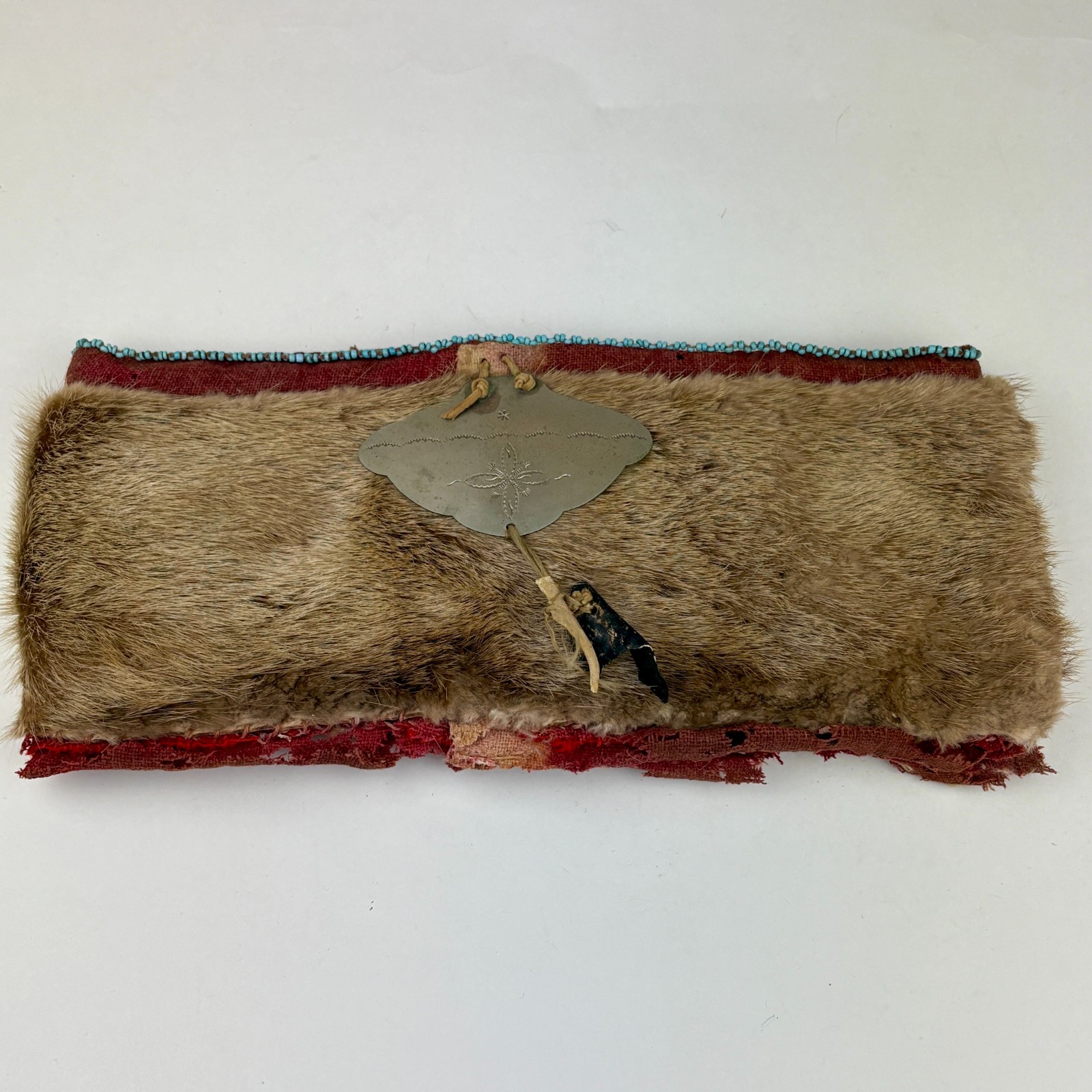 Antique Plains Indian Beaver Fur Hat Beaded Trim Trade Wool Lining Silver 1880s