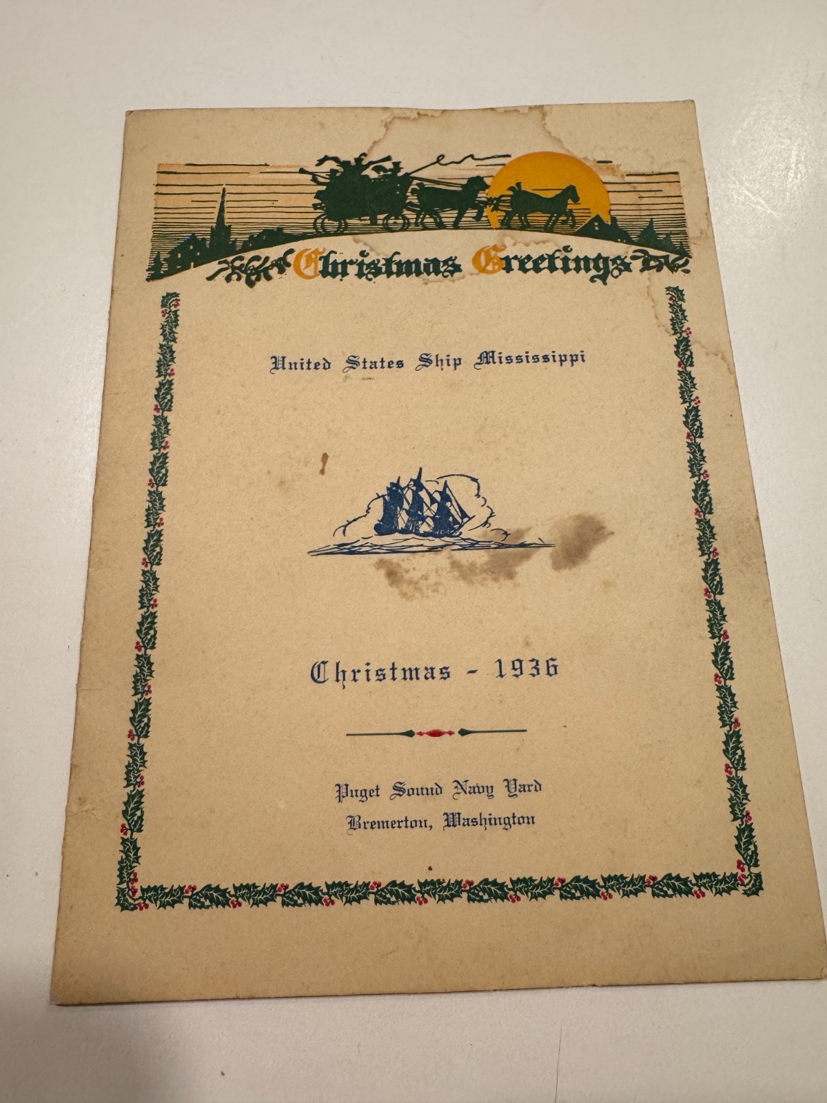 FREE SHIP! 1936 USS Mississippi Christmas Dinner Menu Navy Rare