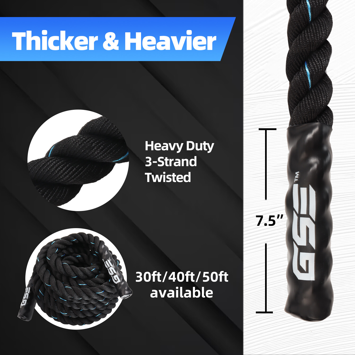 1.5"/2" Battle Rope Gym Workout Strength Exercise Training Rope 30ft/40ft/50ft L