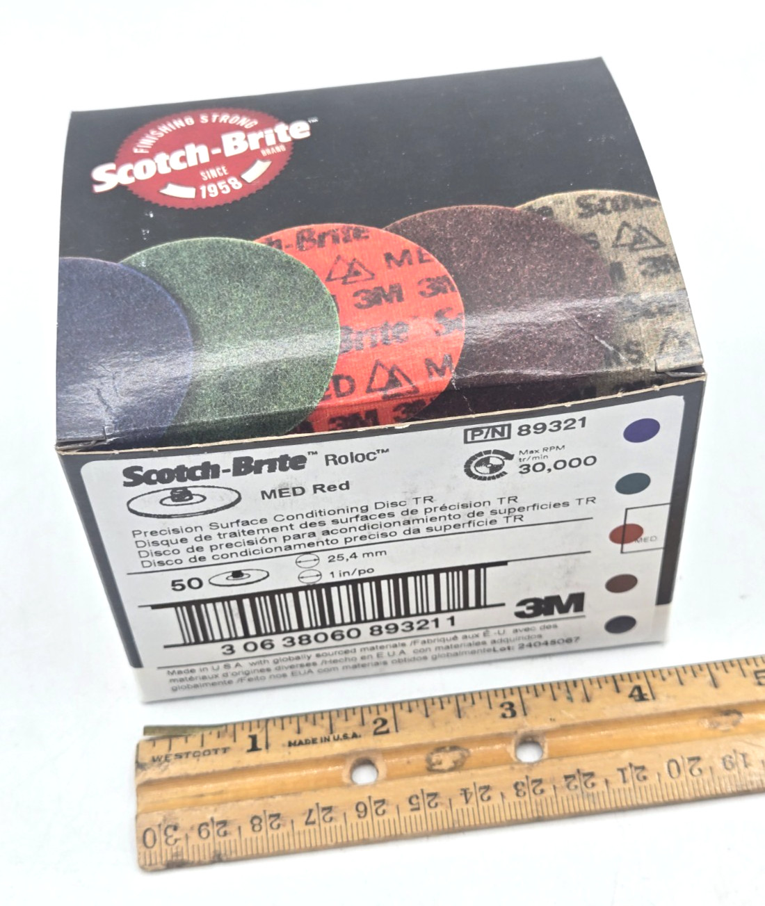 50/Box 3M 1” Scotch-Brite ROLOC 89321 Medium Red Precision Conditioning Disc