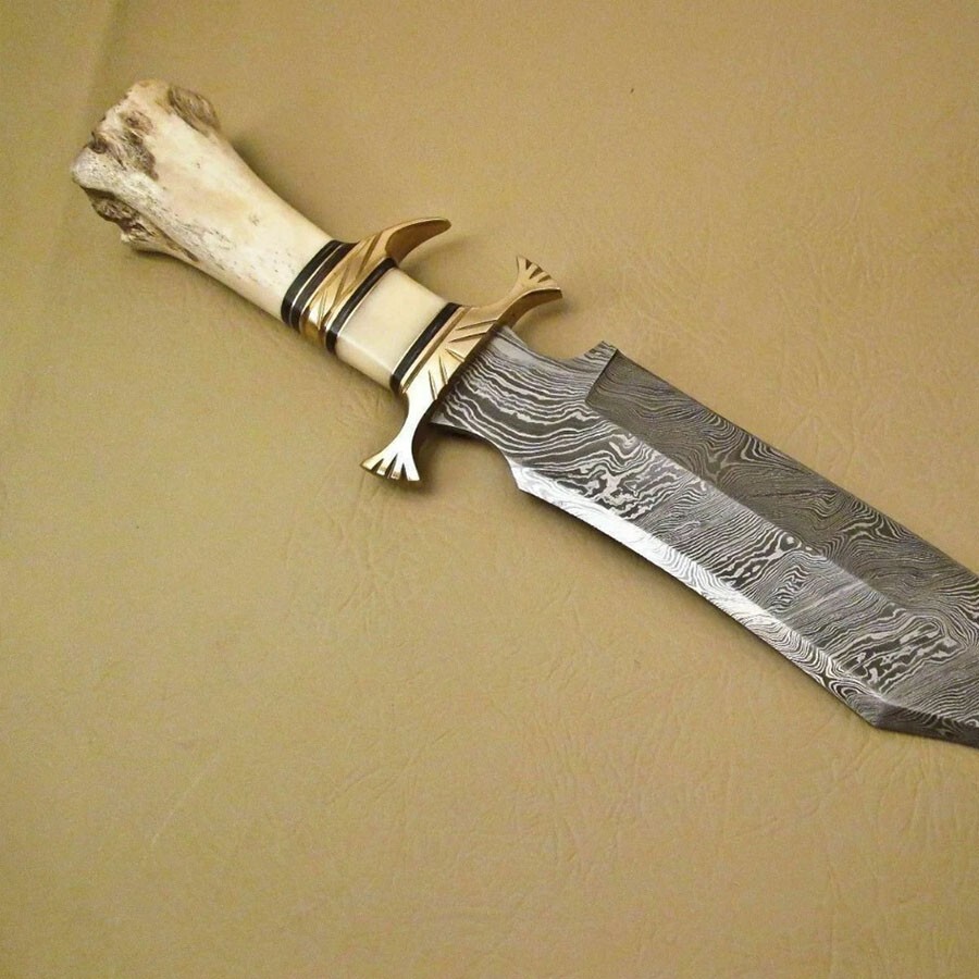 Handmade Damascus Bowie Knife Sharp Blade Camel Bone Handle With Leather Sheath