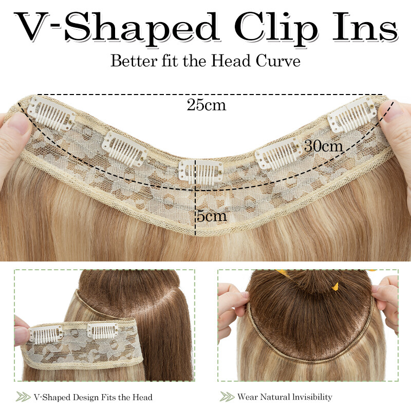 REAL Remy V-shaped Clip In 100% Human Hair Extensions One Piece 3/4 Full Head