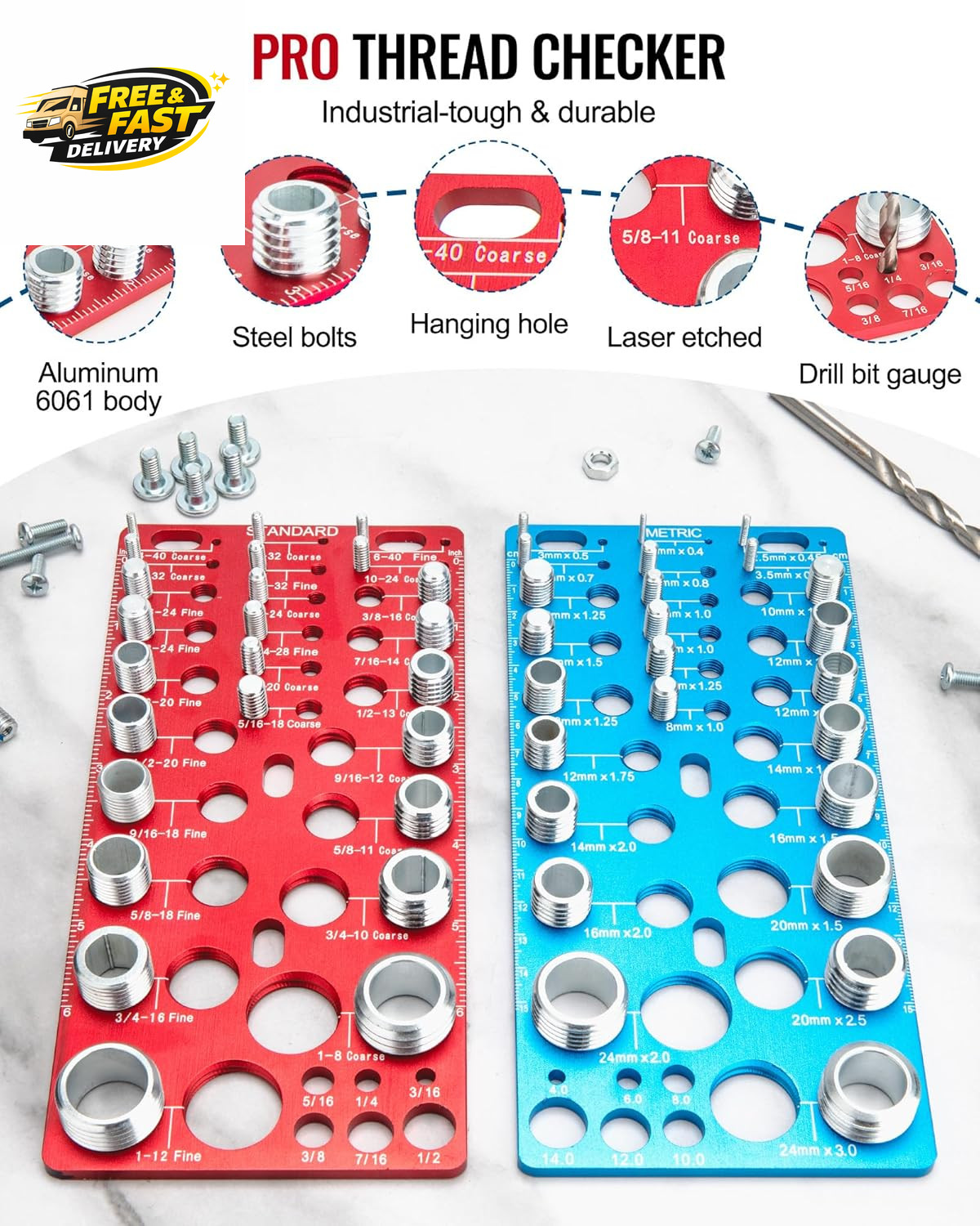 62 Pcs Nut and Bolt Thread Checker - 25 Standard + 25 Metric Thread Gauges |