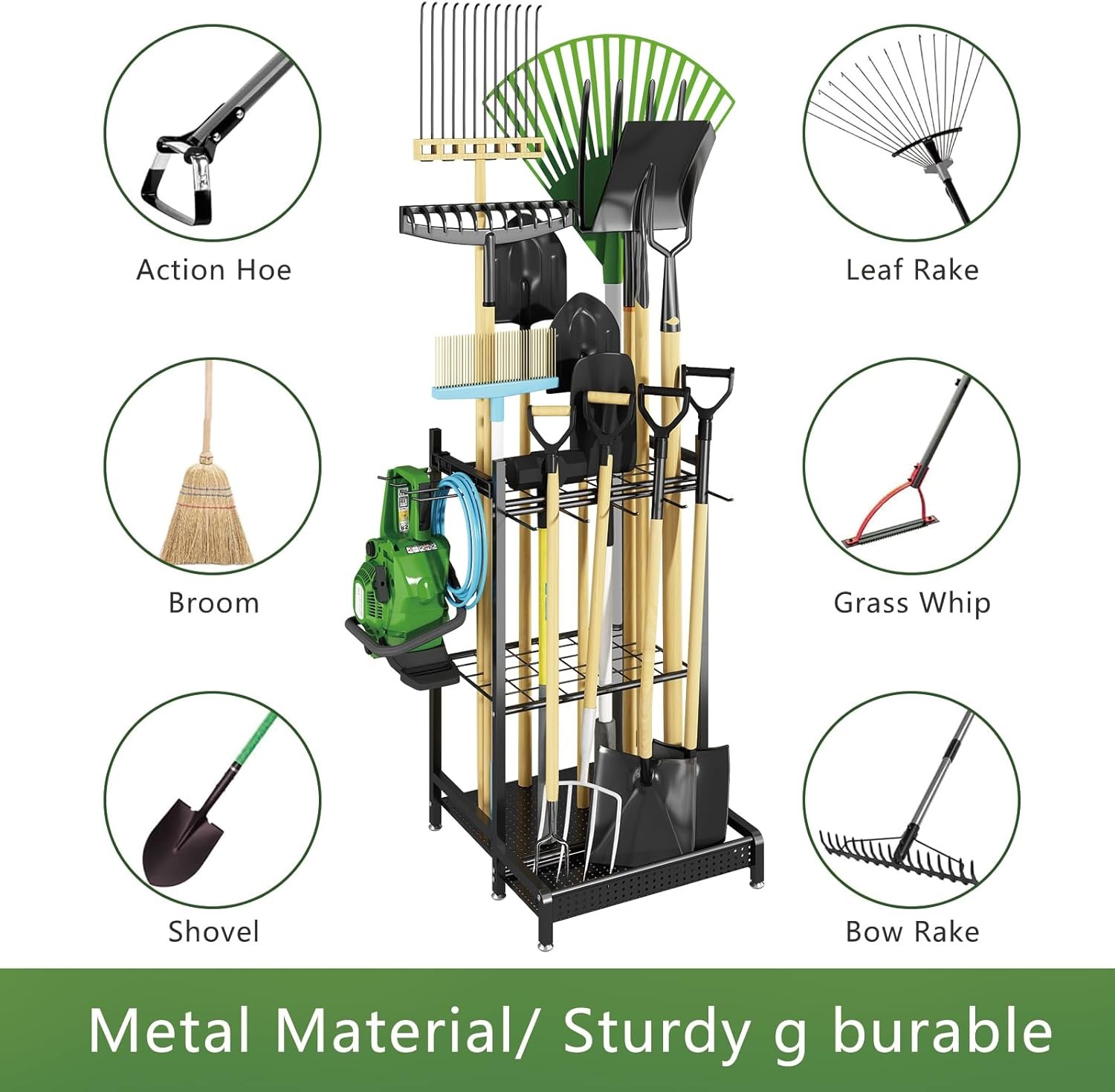 Garden Tool Organizer Garage Utility Storage Racks W/Hooks Metal Yard Tool Stand