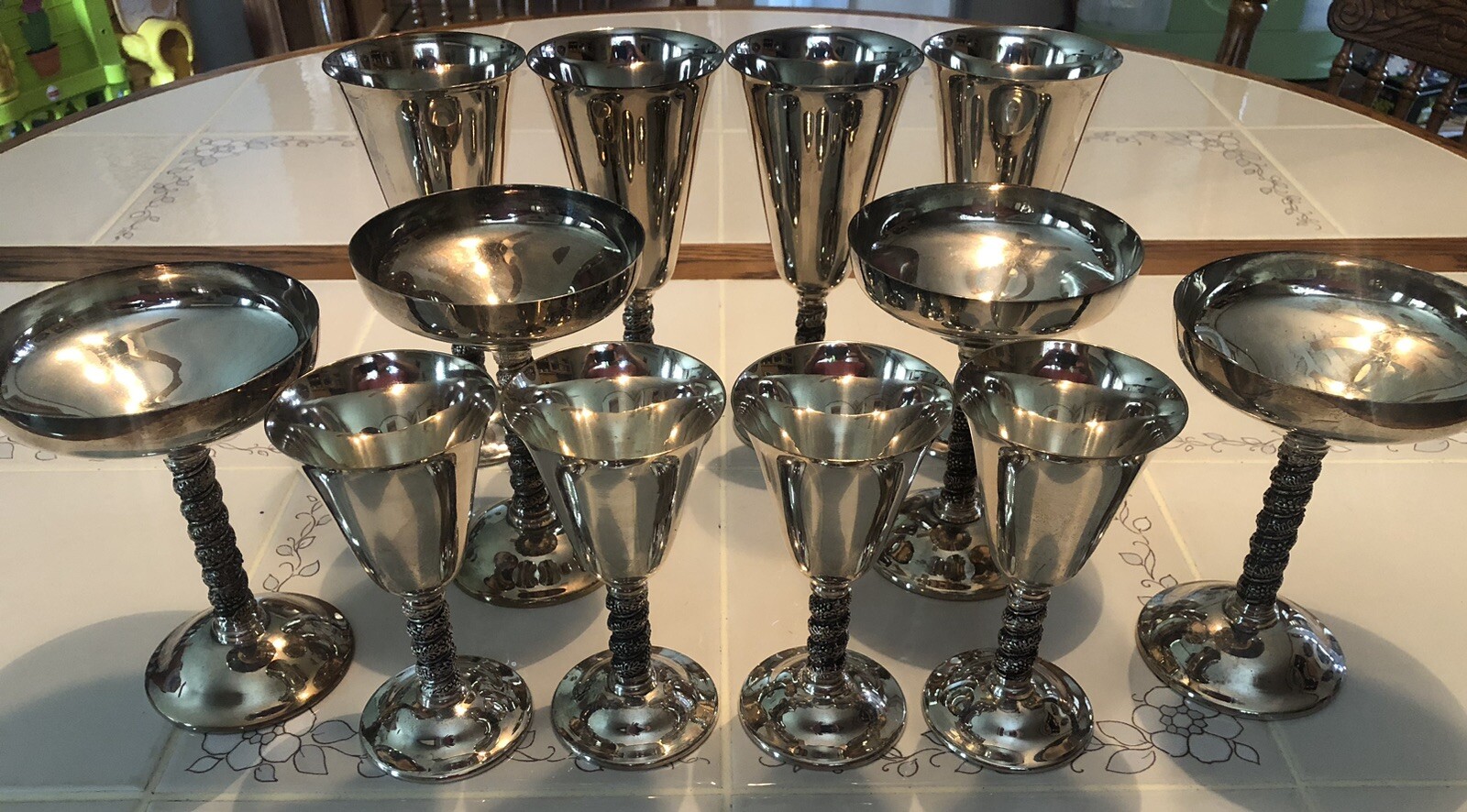 (12) Vintage Alfonso Lara Silverplate Wine Cups Goblets Spain Vine Twisted Stem