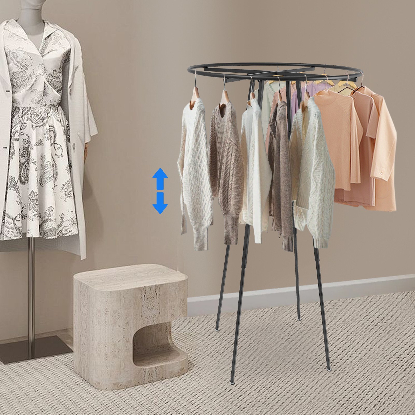 Round Clothing Rack, Clothes Display Rack, Rotatable Garment Rack Black 1.2-1.8M