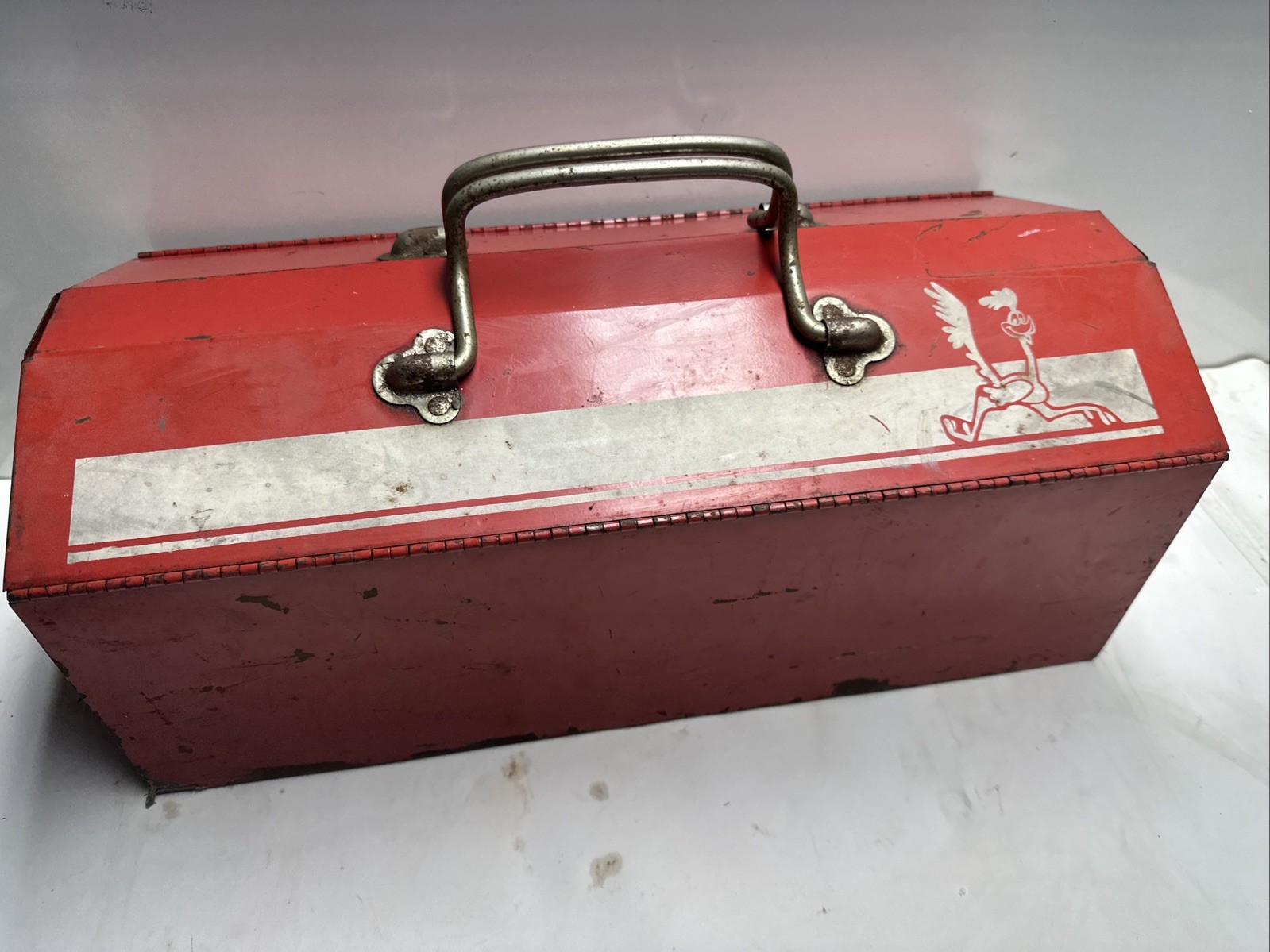 Vintage Metal Tool Box Red with White Road Runner Decal