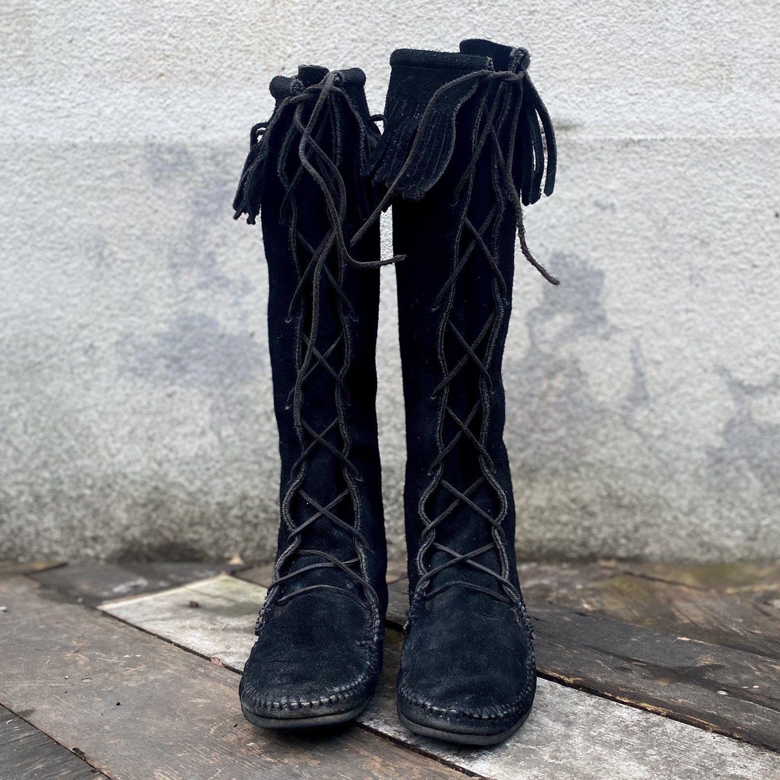 Vintage 1950s Native American Sioux Black Suede Knee High Fringe Boots Moccasins