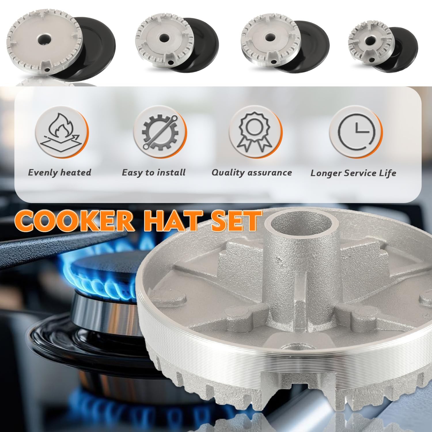 HUAREW Gas Stove Burner Caps Set, Cooker Hat Set Suitable for Most Black
