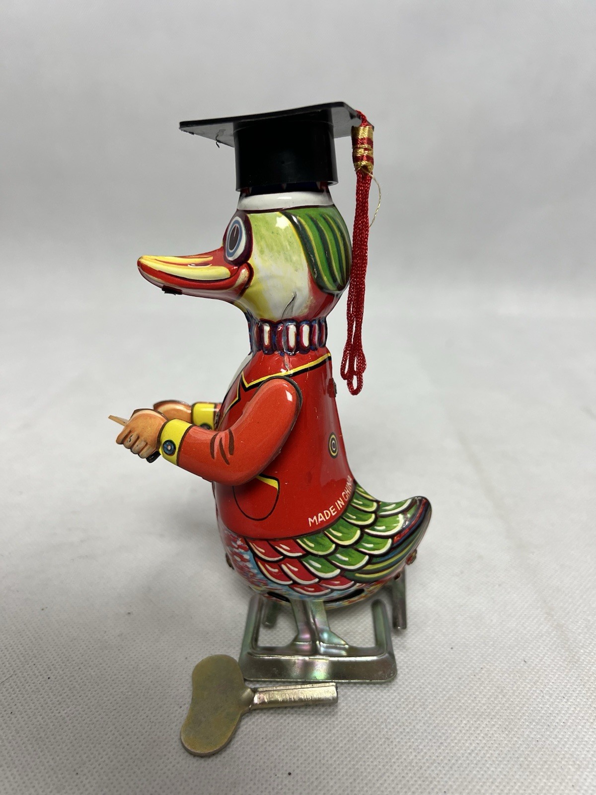 Vintage Wind-Up Dr. Duck Tin Toy 6" Graduation Cap Walking Scholar