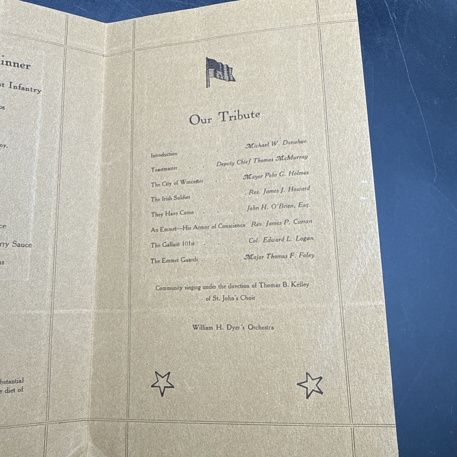 WWI 1919 Welcome Home Dinner Tribute Co. G 101st Infantry 26th Division menu YD