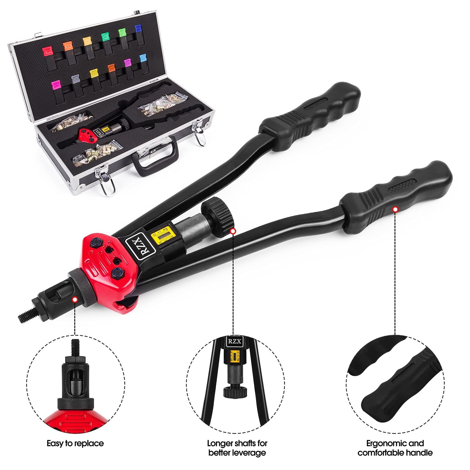 RZX 16" Rivet Nut Tool, Professional Rivet Nut Tool Setter Kit Including 12 M...