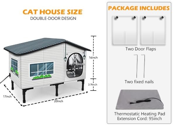 GASUR Weatherproof Heated Cat House for Outdoor Cats Insulated Heating Cat House