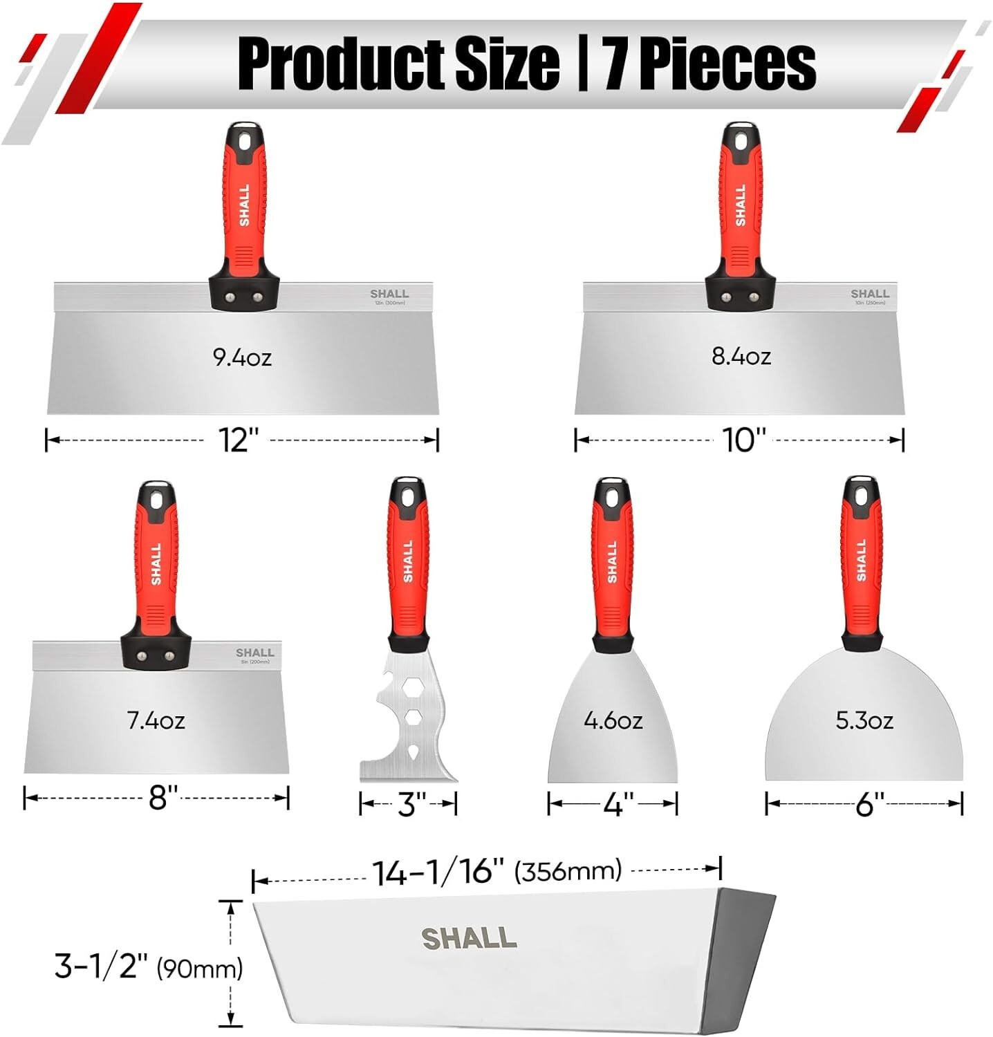 SHALL Drywall Knife Set, 7 Pcs Stainless Steel Drywall Hand Tool Kit