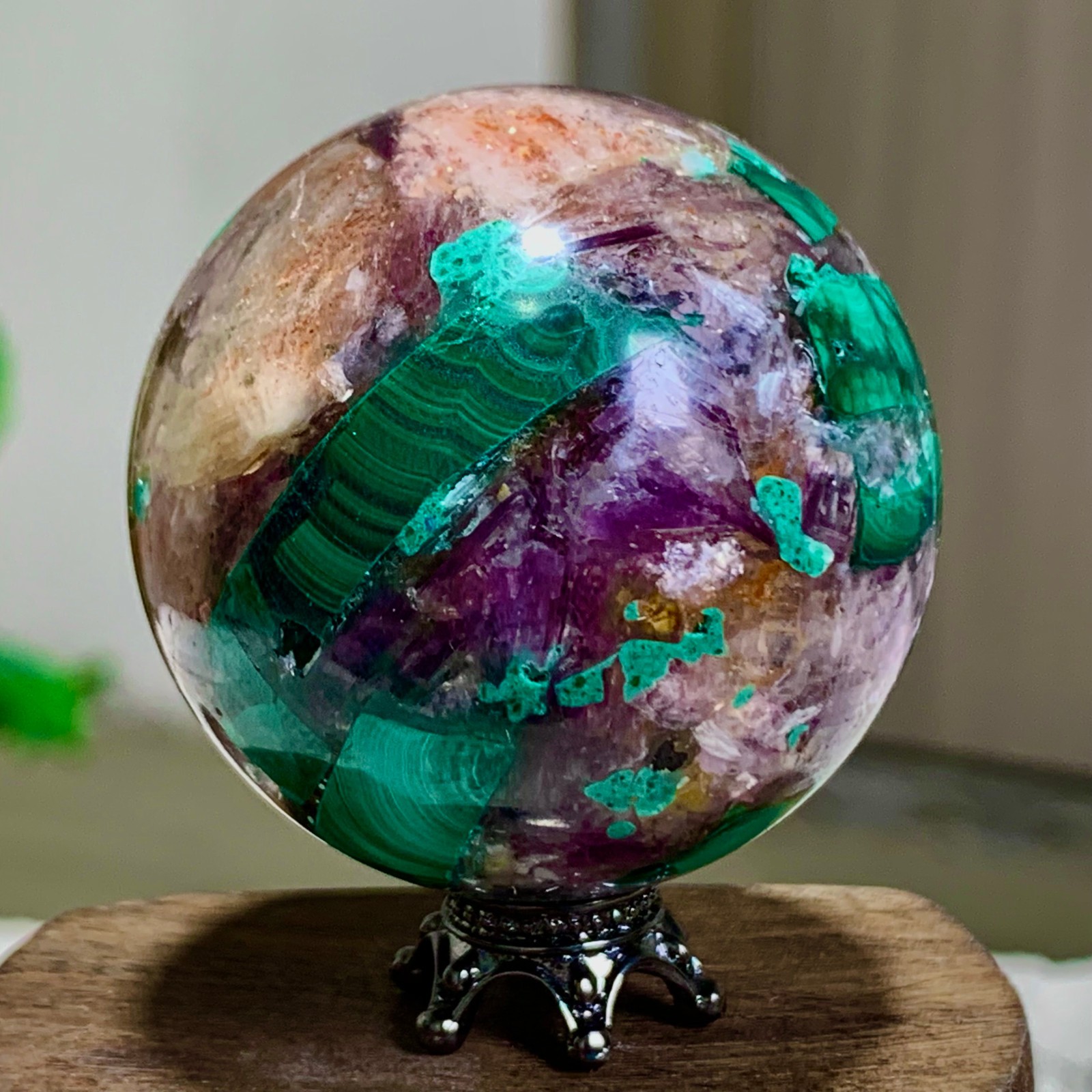102G Newly discovered rare malachite purple mica symbiotic sphere restoration