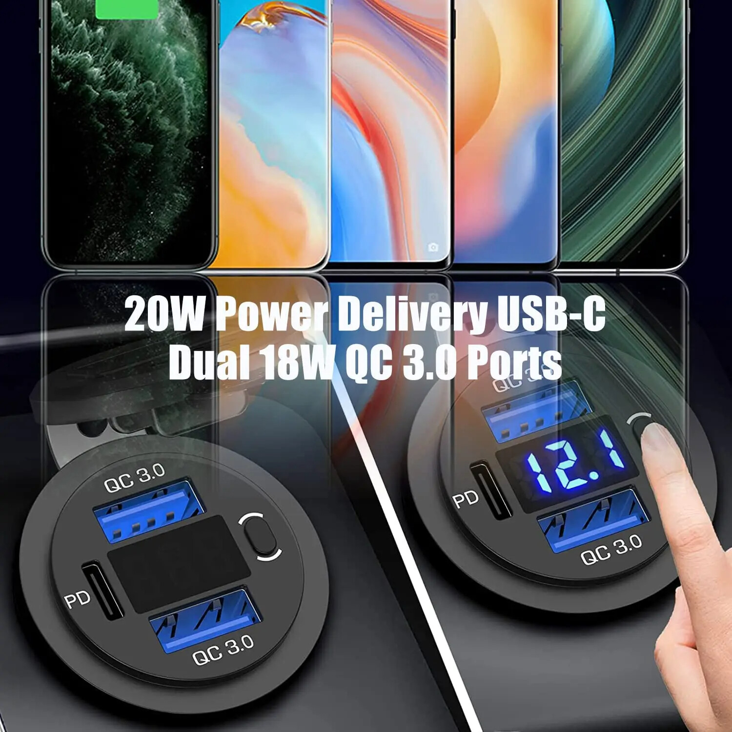12V-24V PD + QC3.0 Dual USB Car Fast Charger Power Socket Outlet LED Voltmeter