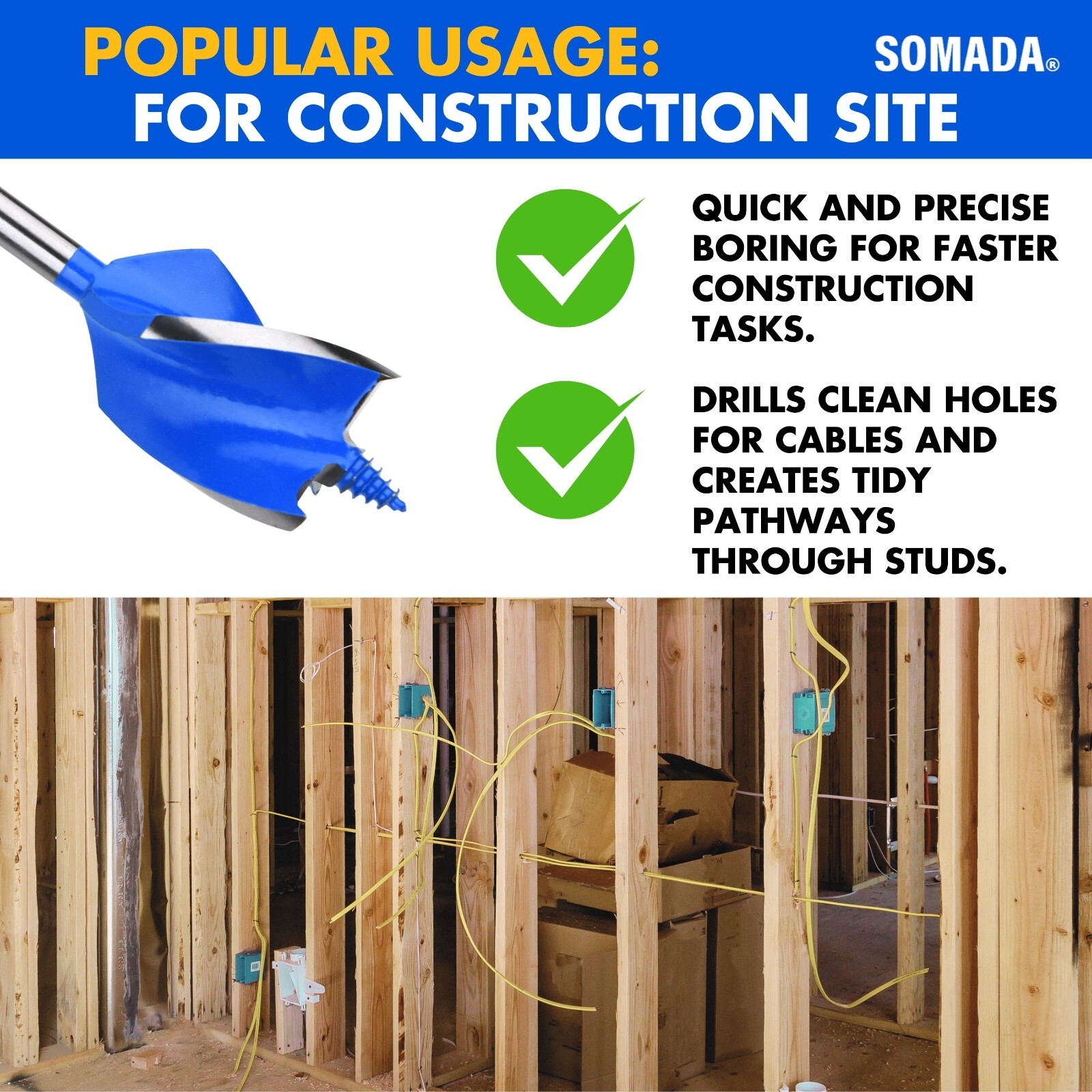 SOMADA 1-1/2-Inch x 6-1/2-Inch Auger Drill Bit for Wood, Hex Shank 1/4-Inch