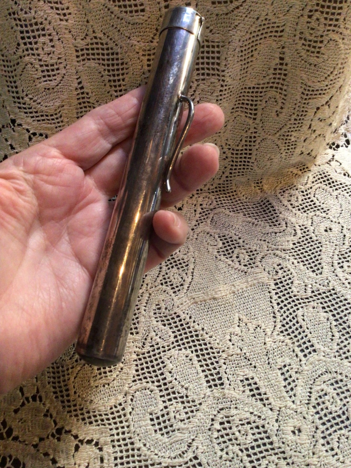 Vtg Sterling Taxco Mexico Signed TH-125 Silver Tube Cigar Holder Clip on Case