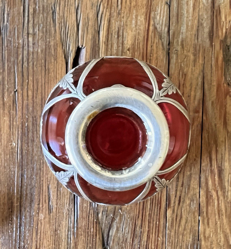 Gorham Perfume D952 Antique Art Nouveau Bottle American Red Glass Silver Overlay