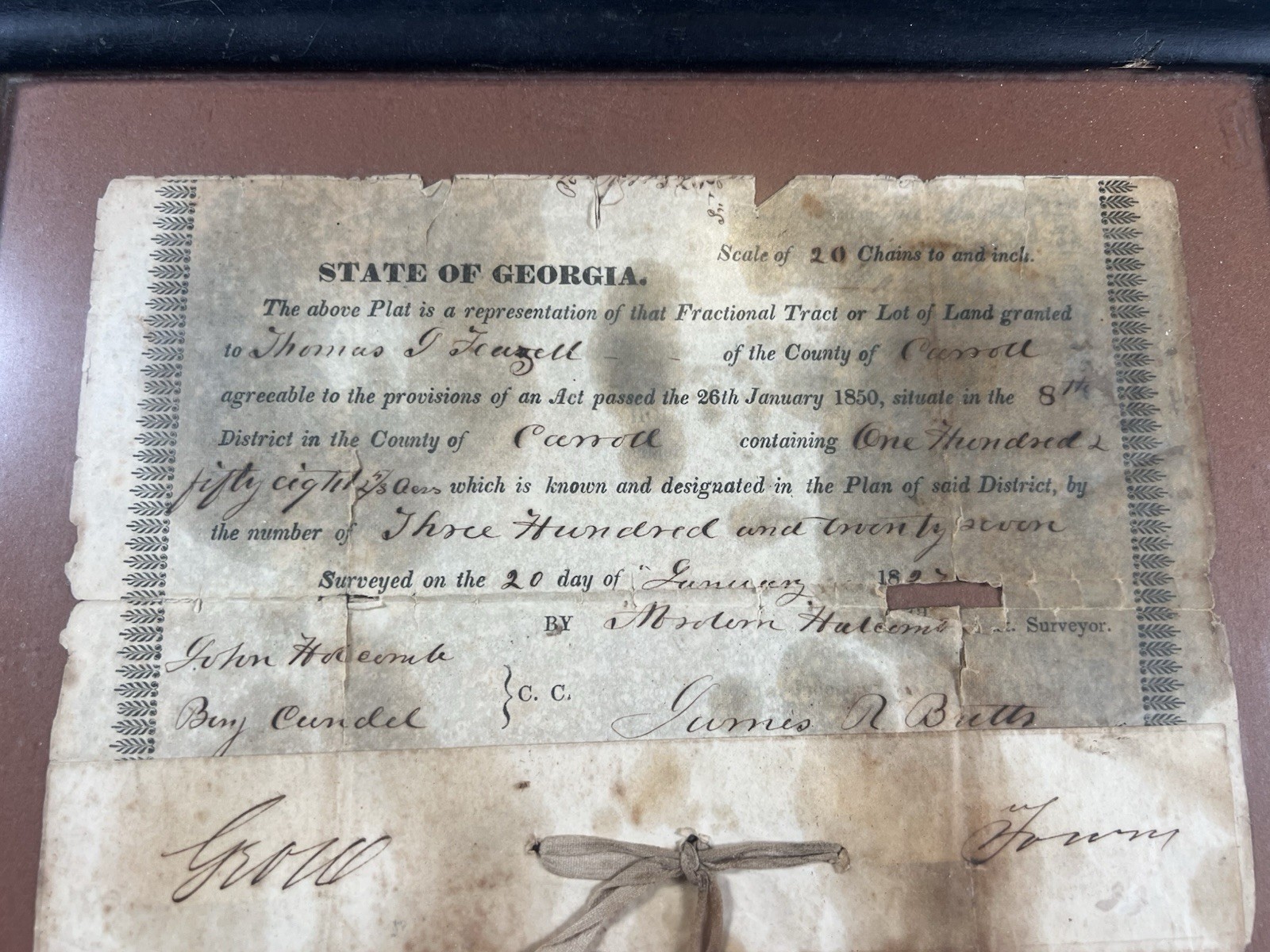 1853 Georgia Land Grant Survey Plat Carroll County Wax Seal Antebellum