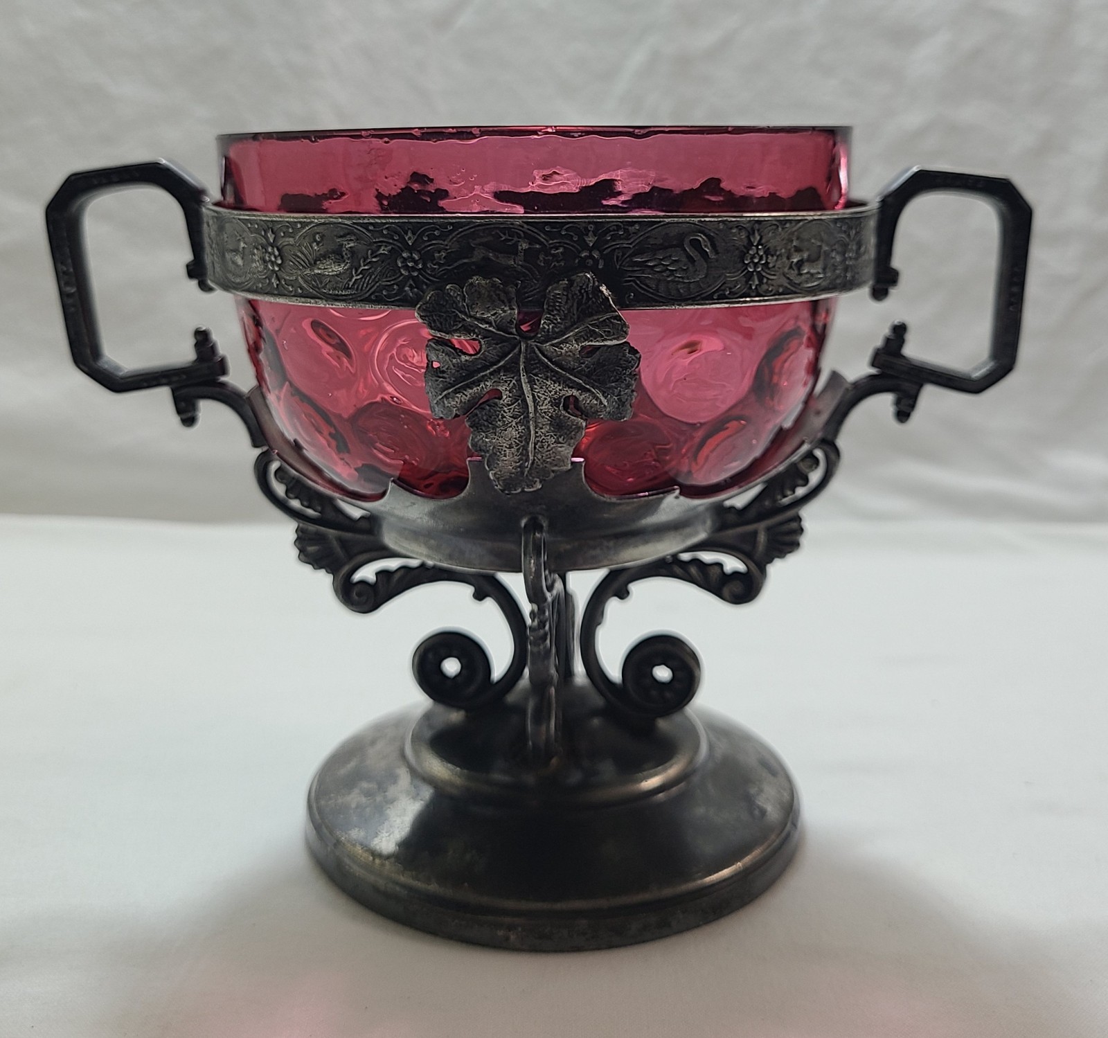 Antique Webster Silverplate Cranberry Thumbprint Glass Candy Dish Lid Victorian