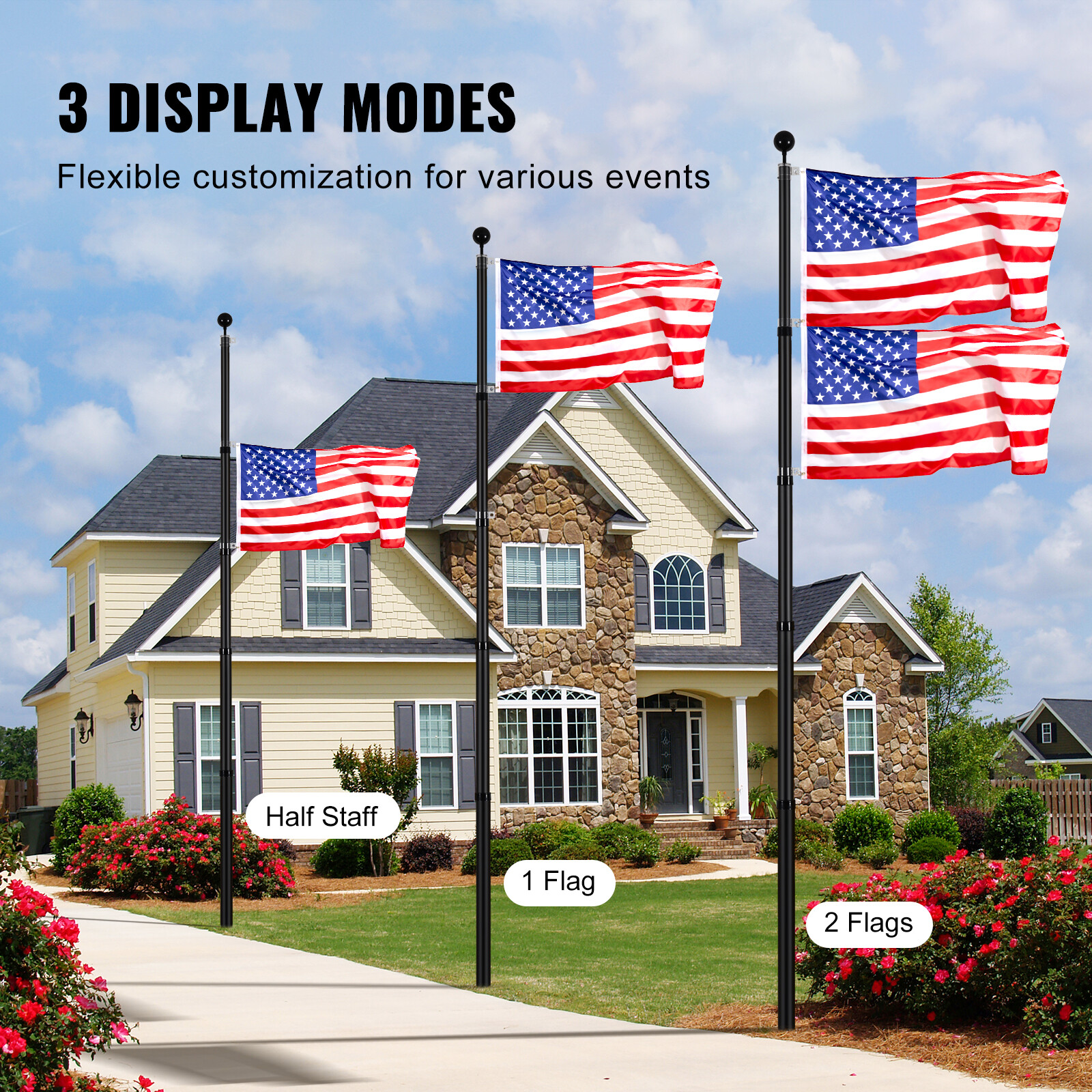 VEVOR 25FT Telescopic Flagpole Kit Heavy Duty Aluminum Flag Pole American Black