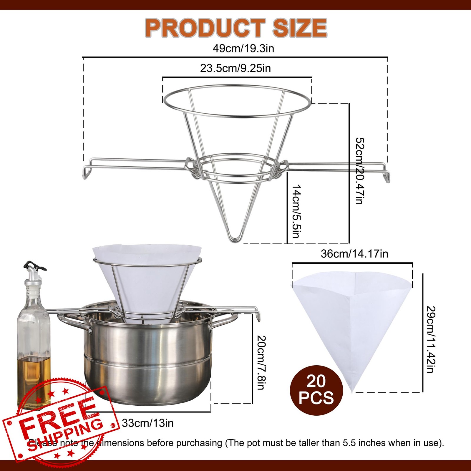 Maple Syrup Cone Filter Holder Stand Stainless Steel Strainer 20 Filters