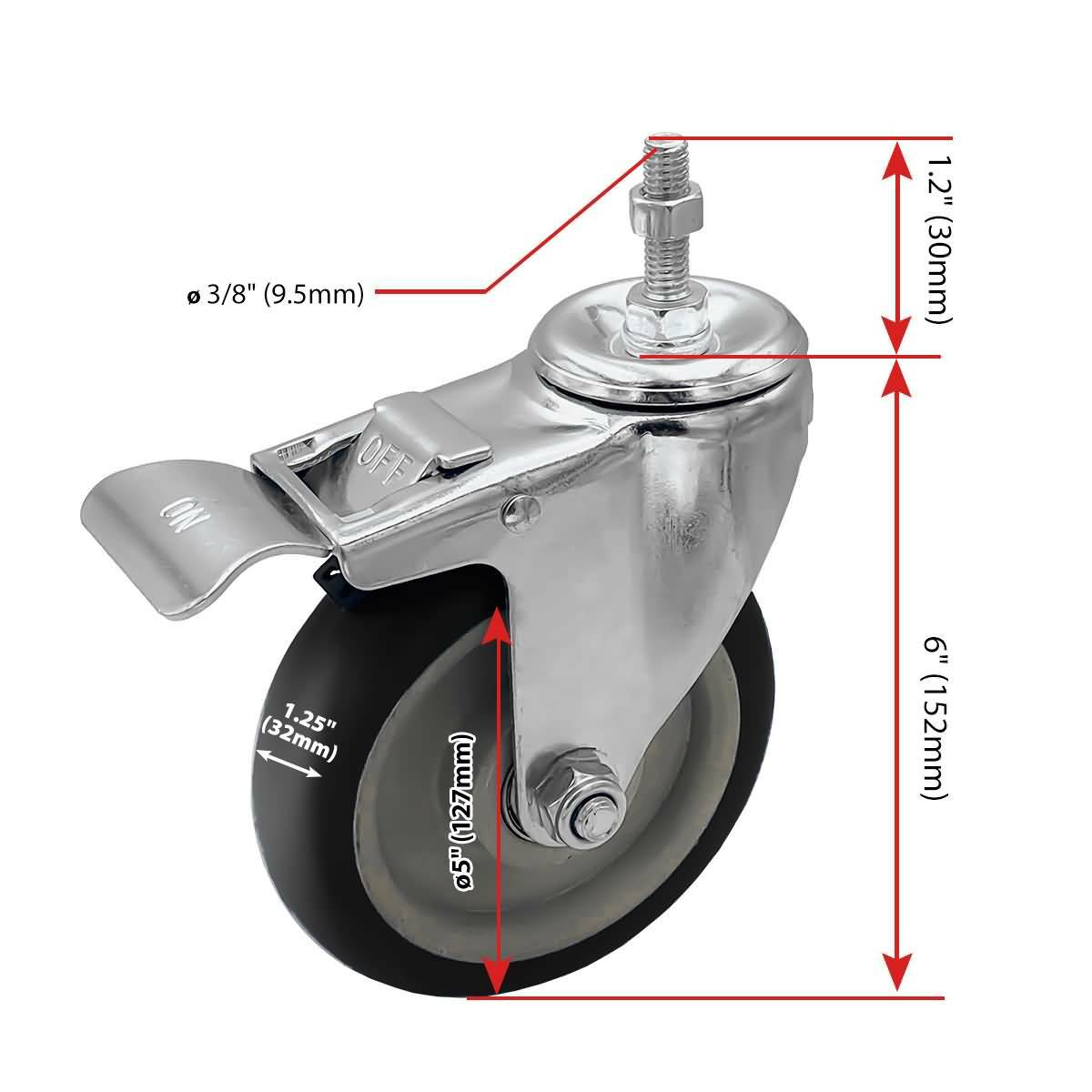 4 Pack 5 Inch Stem Caster Swivel w/ Front Brake Black PU Heavy Duty Caster Wheel
